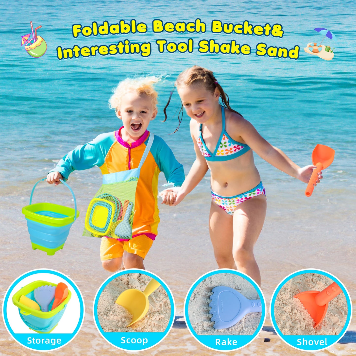 Xgunion Collapsible Beach Sand Bucket 3 Packs Foldable Sand Buckets Set with Shovels & Mesh Bag Collapsible Beach Toys for Kids