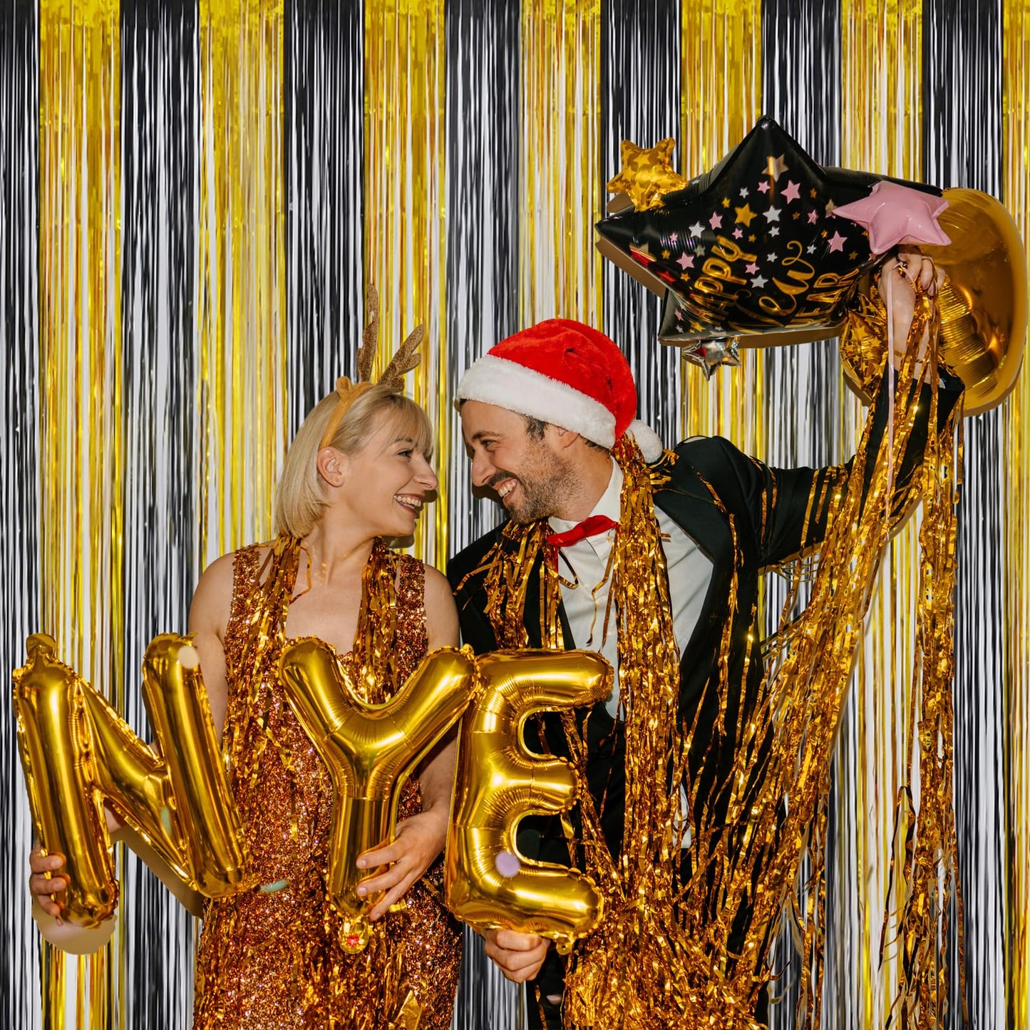 Melsan Foil Curtain Tinsel Backdrop - 3.2ft X 8ft Black and Gold Fringe Curtain Photo Streamers Backdrop for Halloween, Graduati