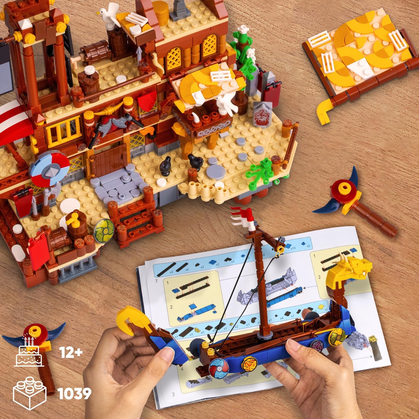 Driveplexpro Viking Pirate Ship Building Blocks, Viking-Themed Building Set House & Ship Model Kit, Classic Toys Creative Constr