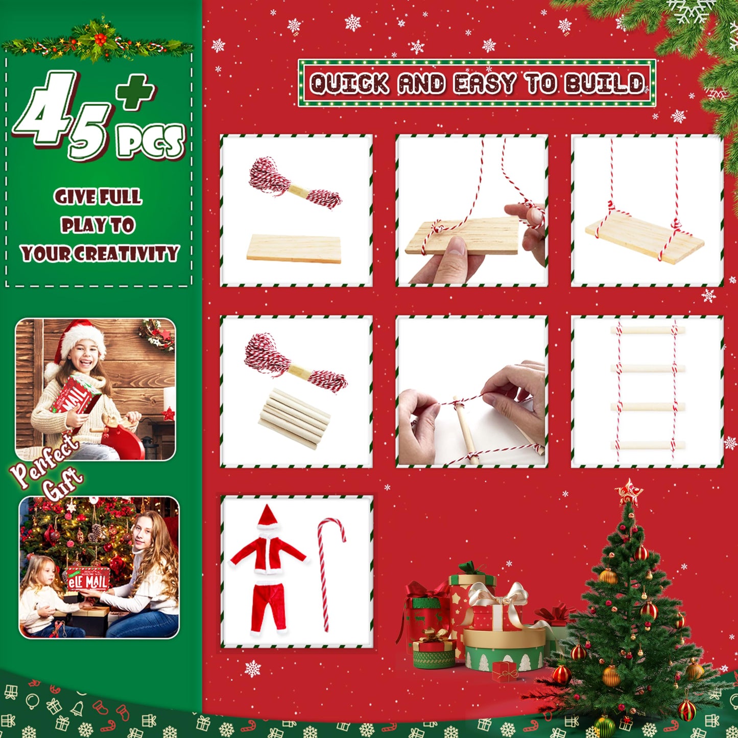 BEIREG 42pcs Christmas Elf Clothes Accessories Set - Red & Green, Polyester, Includes Clothes, Balloons, Ladder, Swing, Mini Props