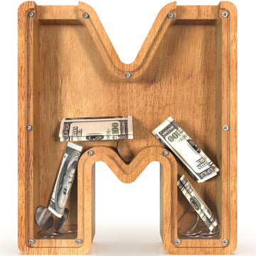 Sulevalt 12  Extra Large Wooden Letter Piggy Banks - Piggy Banks for Boys Girls Kids  Alphabet Money Banks with Initial M - Coin Banknote Bank Birthday/Christmas for Kids