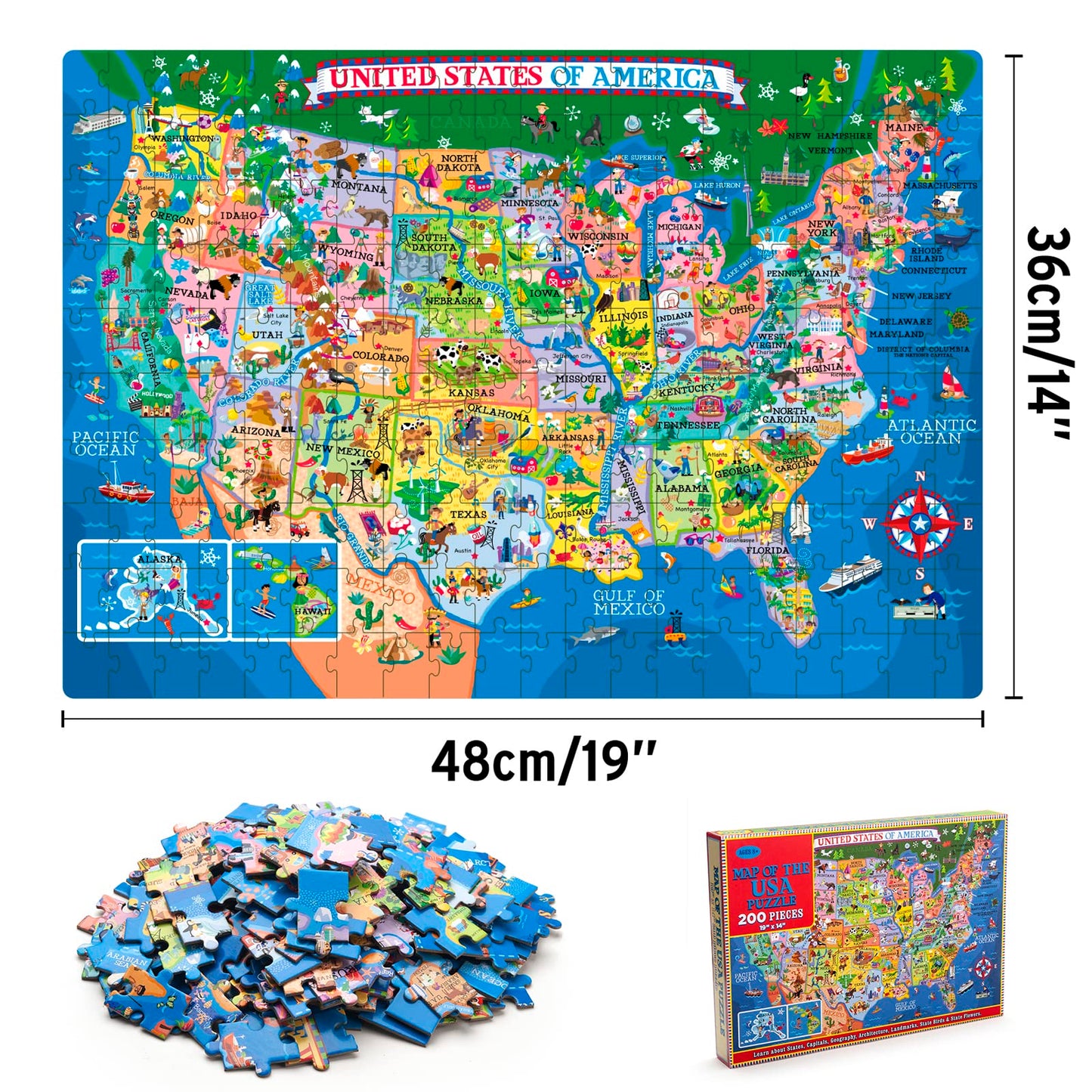 MOTYAWN USA Map Puzzle for Kids - 200 Piece United States Puzzle - 50 States with Capitals for Kids Ages 4 and Up  America Jigsaw Puzzle Childrens Geography Puzzles Preschool Toys
