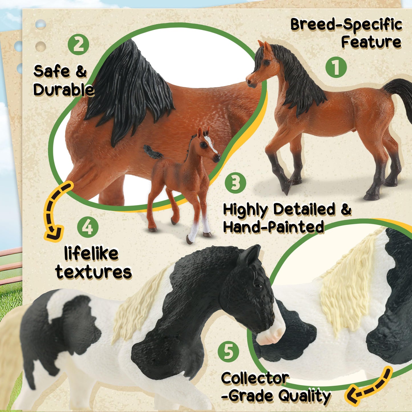 Zippytots 10PCS Horse Figurine Set - Realistic Plastic Toys for Toddlers - Educational Gift & Party Favors - Model BT013