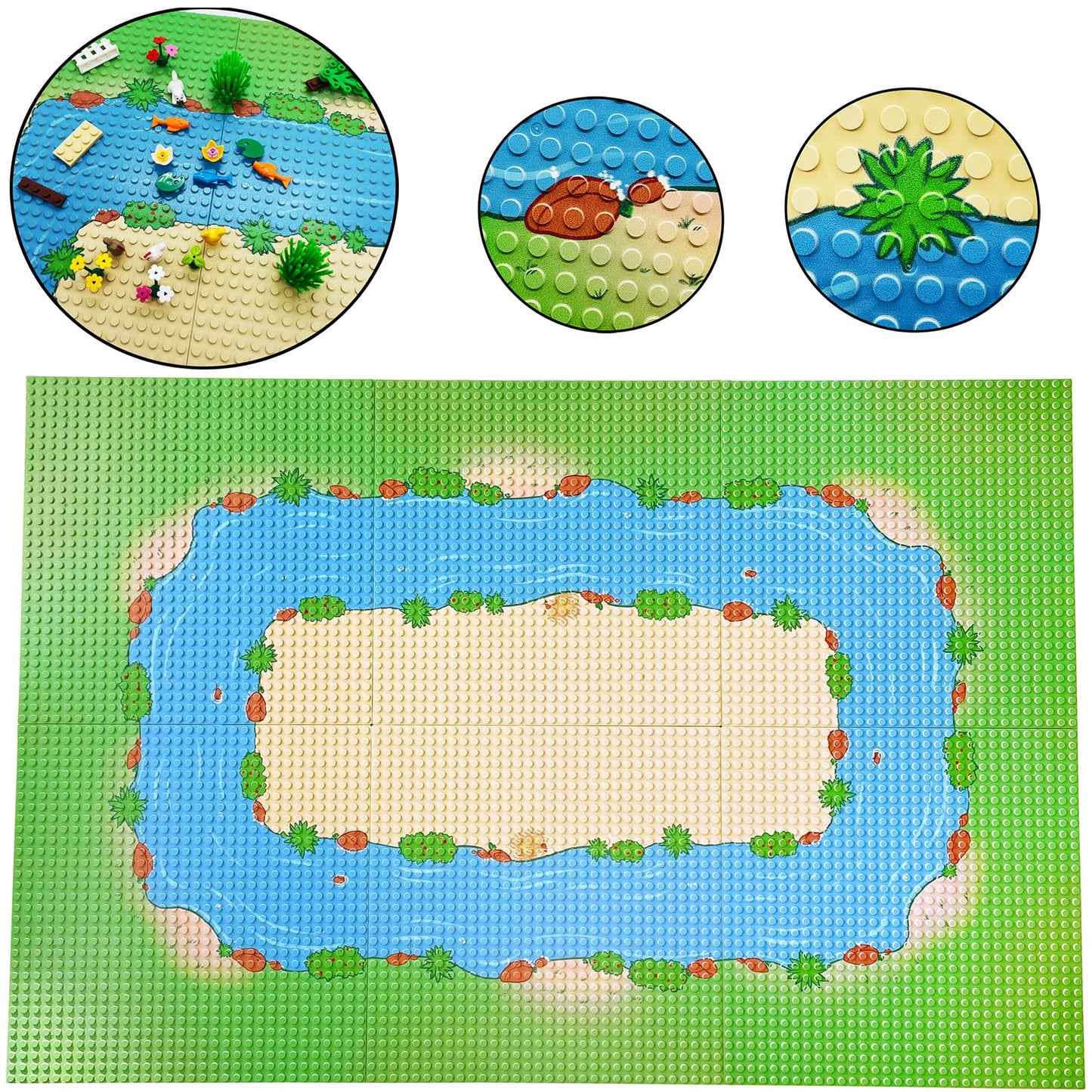 TACYILLU 6 Pack Grassland Rivers Pattern Baseplate 10 x 10 - Building Brick Base Plate Tight Fit with Major Brands for City Road