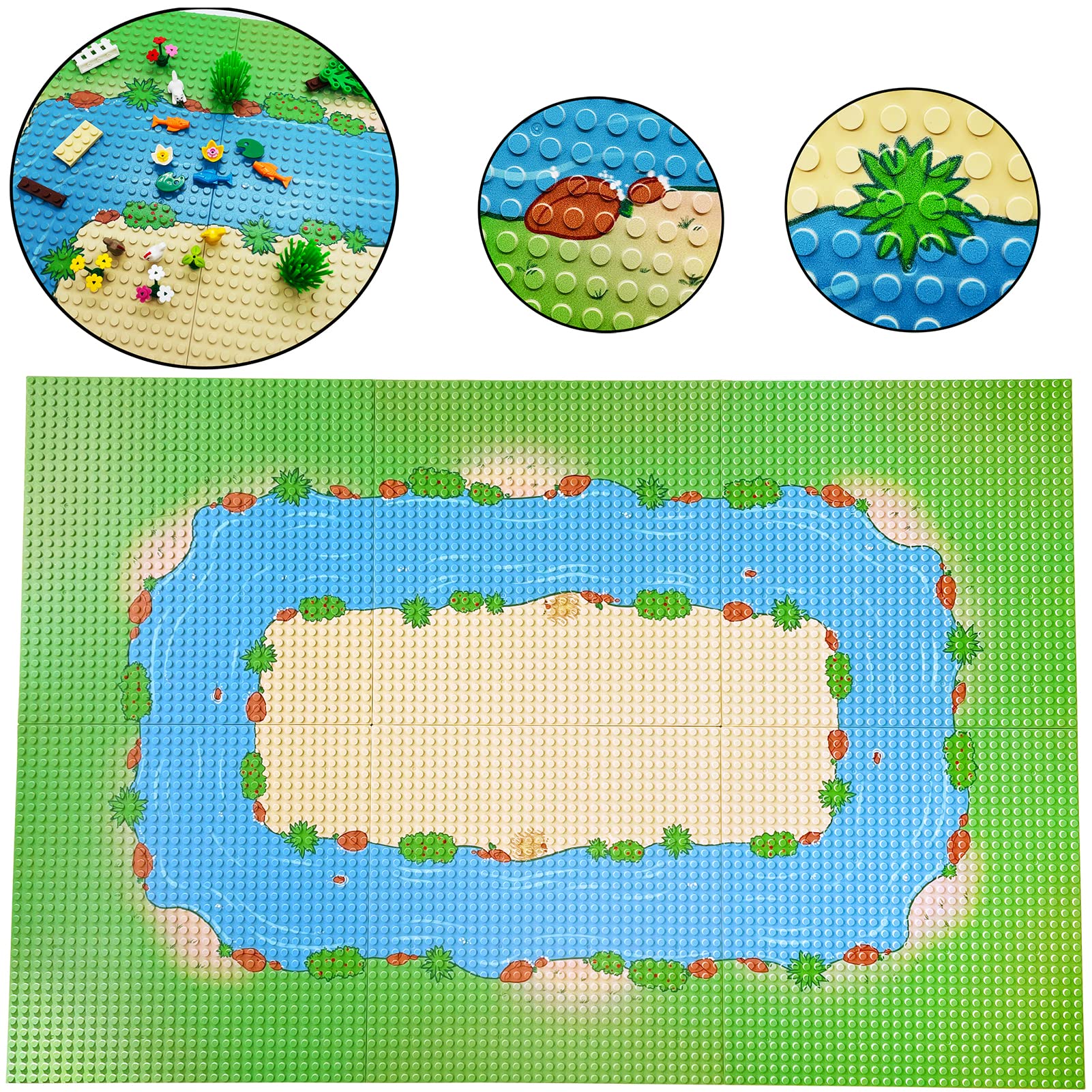 TACYILLU 6 Pack Grassland Rivers Pattern Baseplate 10 x 10 - Building Brick Base Plate Tight Fit with Major Brands for City Road