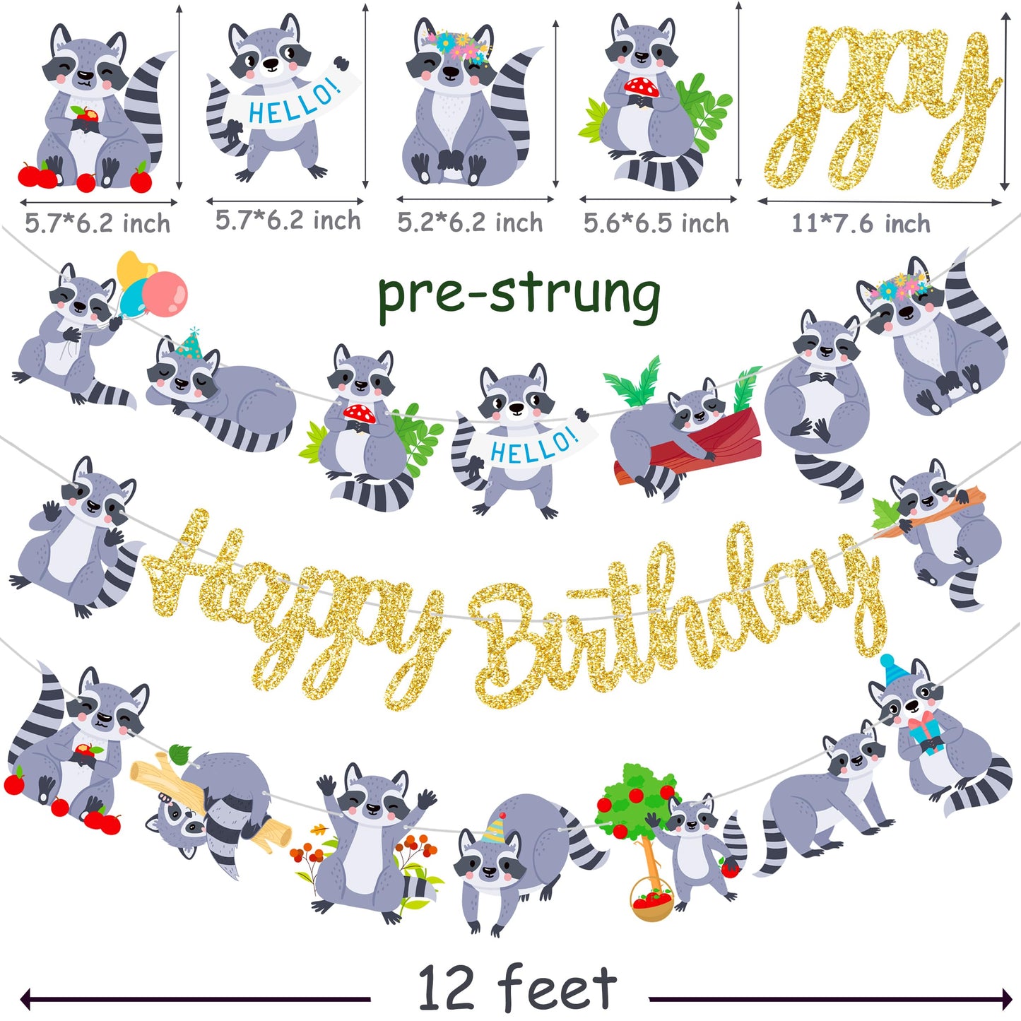 Raccoon Birthday Party Banners 3Pcs Gold Glitter Happy Birthday Decorations Woodland Themed Forest Animal Baby Shower Supplies