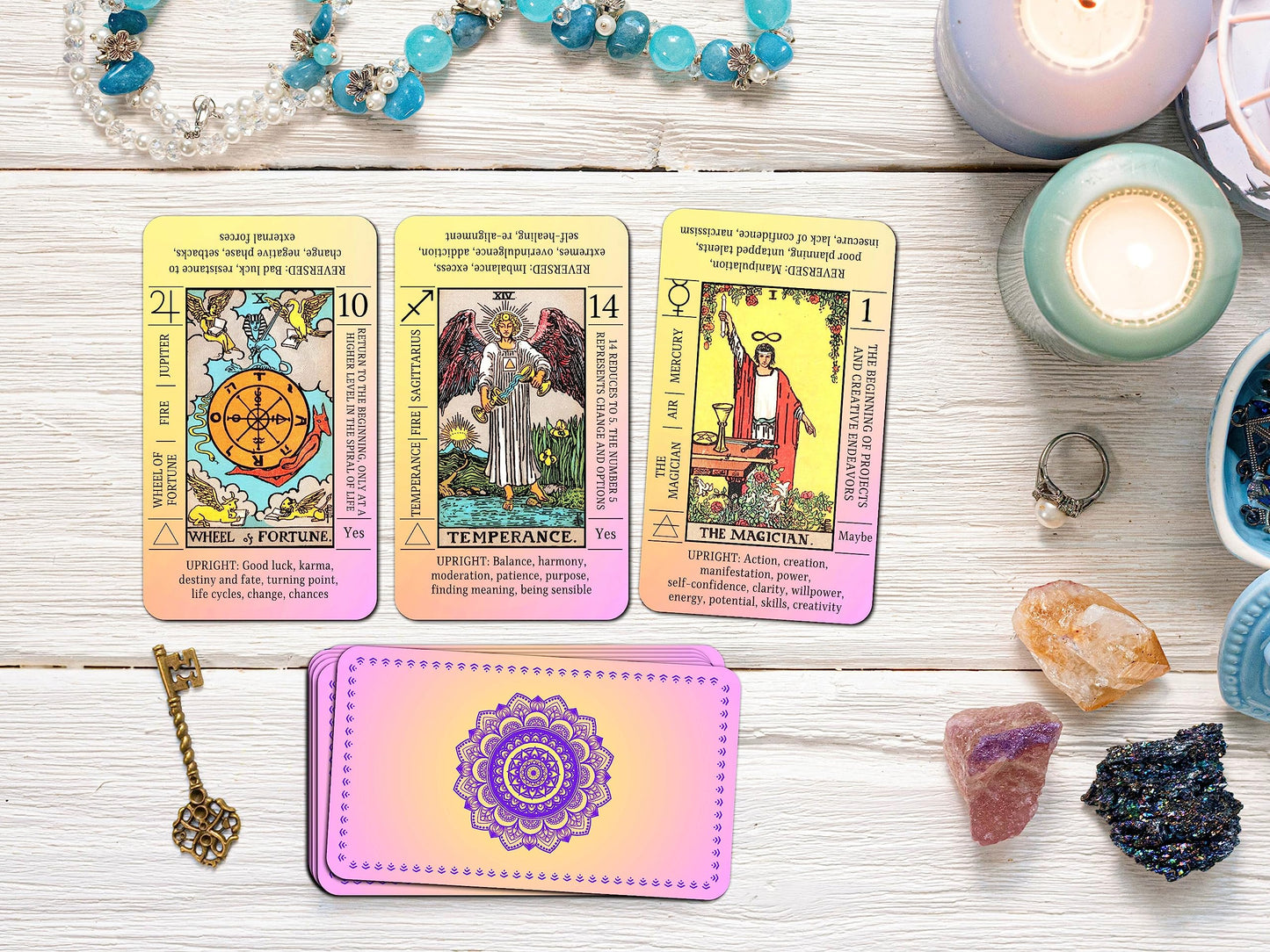 Juju'S Vibes Learning Tarot Cards For Beginners With Meanings On Them, Cute Sunset Tarot Cards Set Unique, With Keywords, Beauti