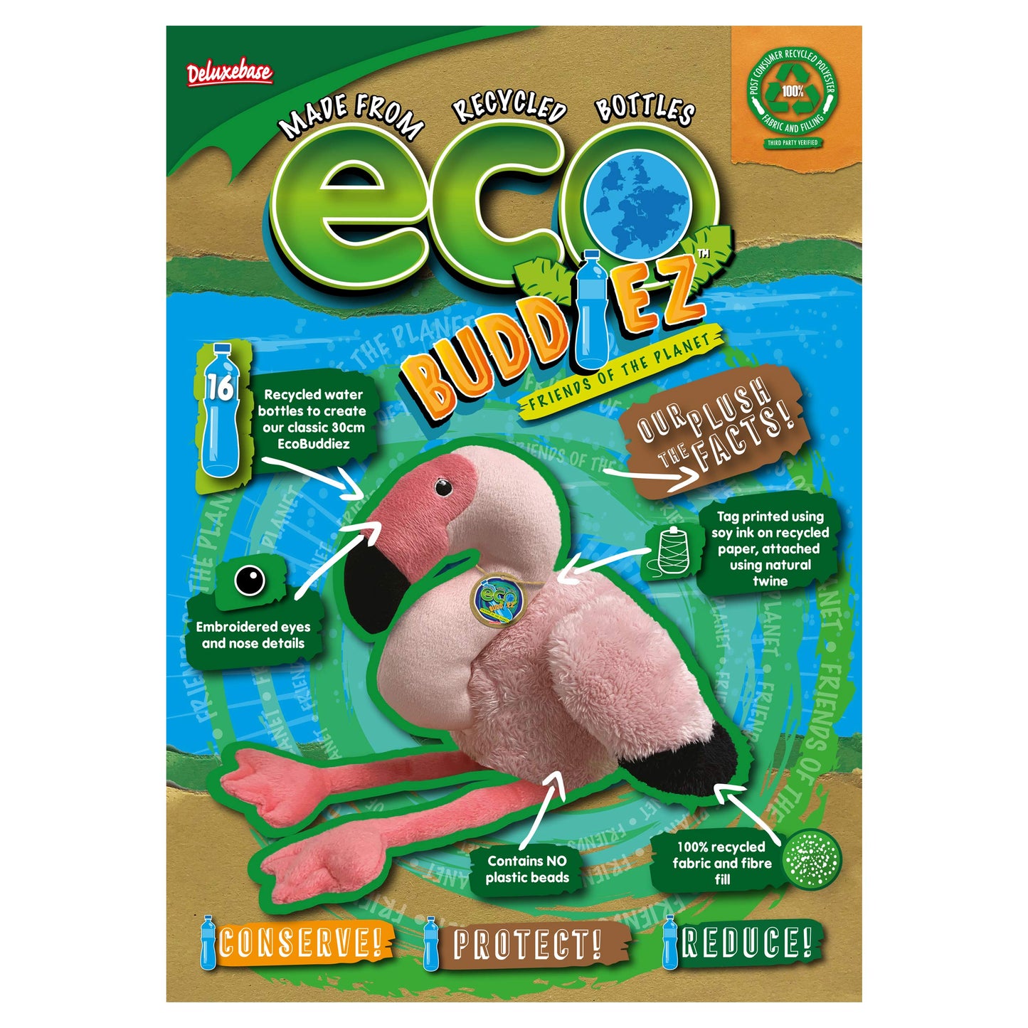Ecobuddiez - Flamingo From Deluxebase. 10-Inch Sustainable Plush Animal From Recycled Materials, Eco-Friendly Soft Stuffed Toy,
