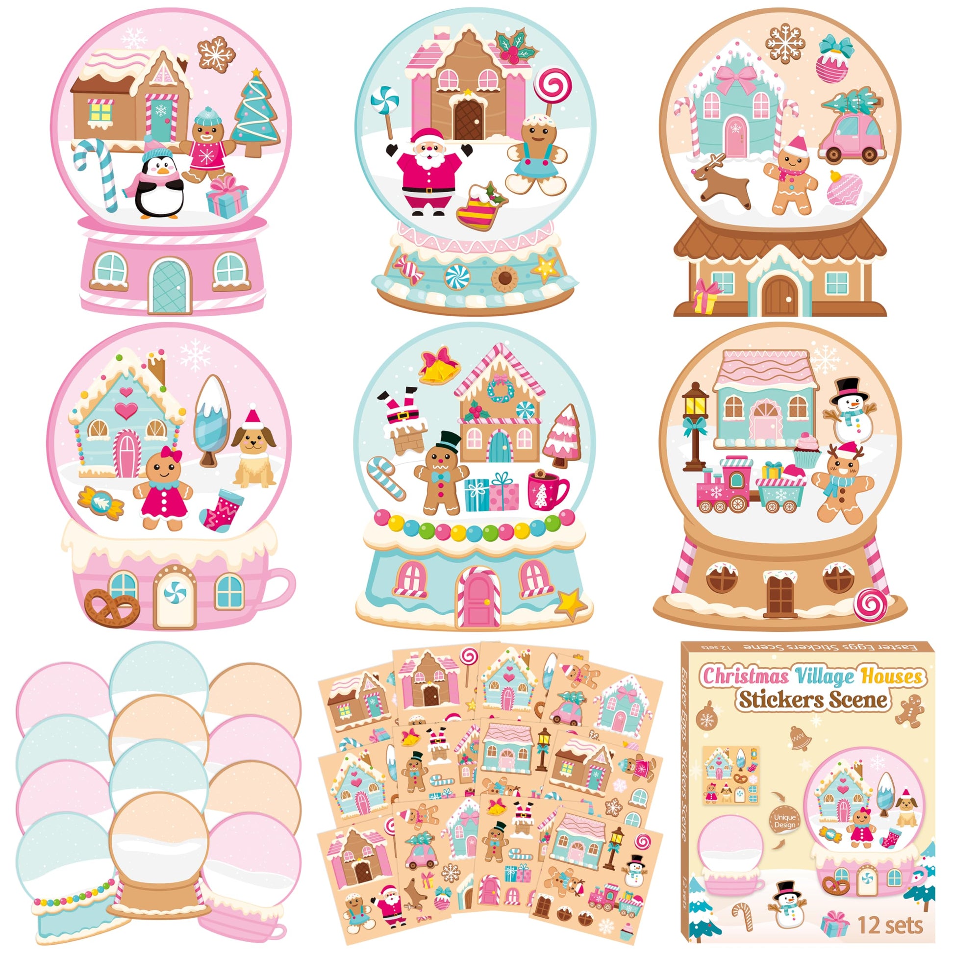 CY2SIDE Christmas Snow Globe House Stickers - 12 Set Christmas Pink Gingerbread Candy House Scene Stickers for School Reward, DI