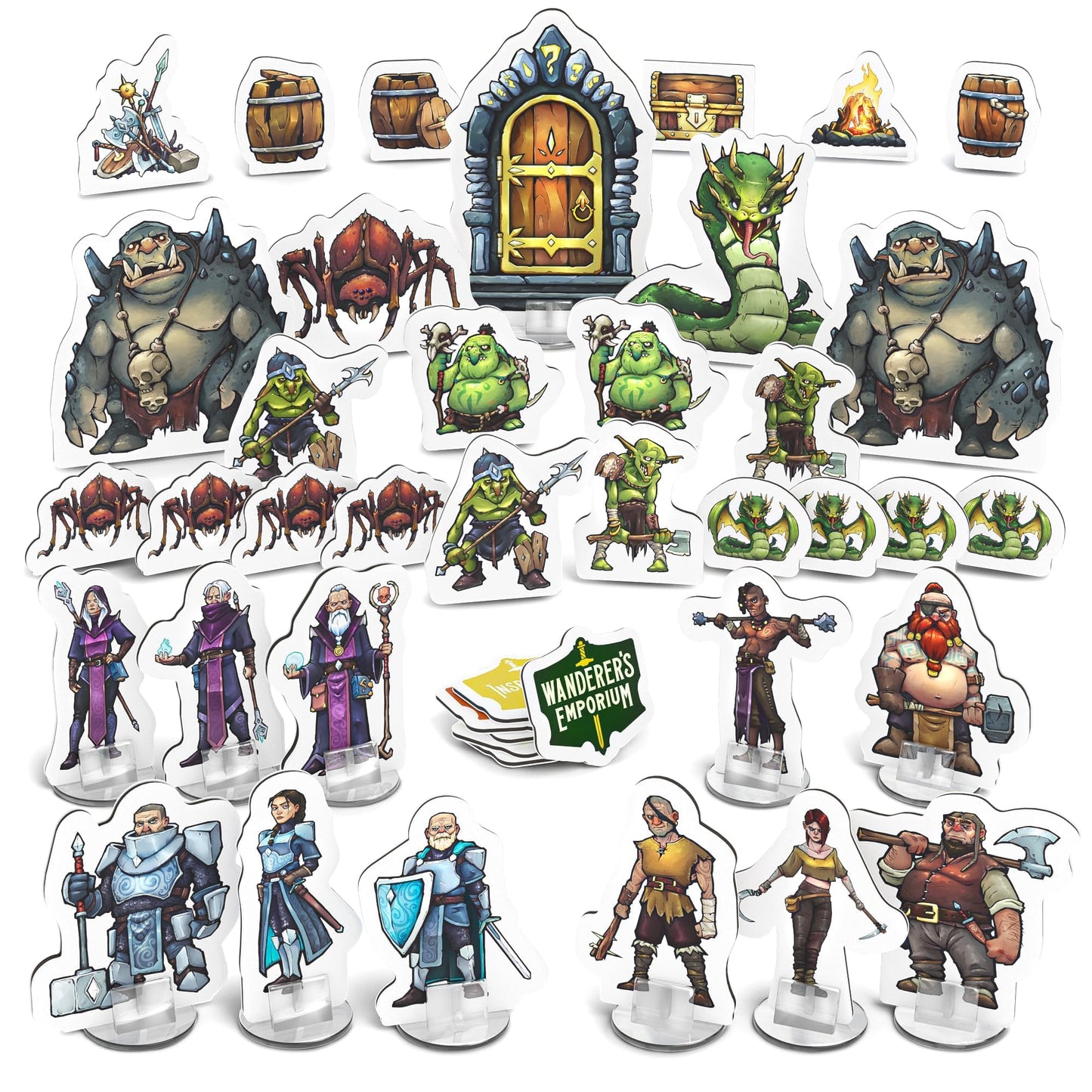 Wanderers Emporium Hard Flat Minis for DND | 28mm-32mm Scale | Cardboard | Model WEstandees1 | Essentials Pack of 36 Miniatures