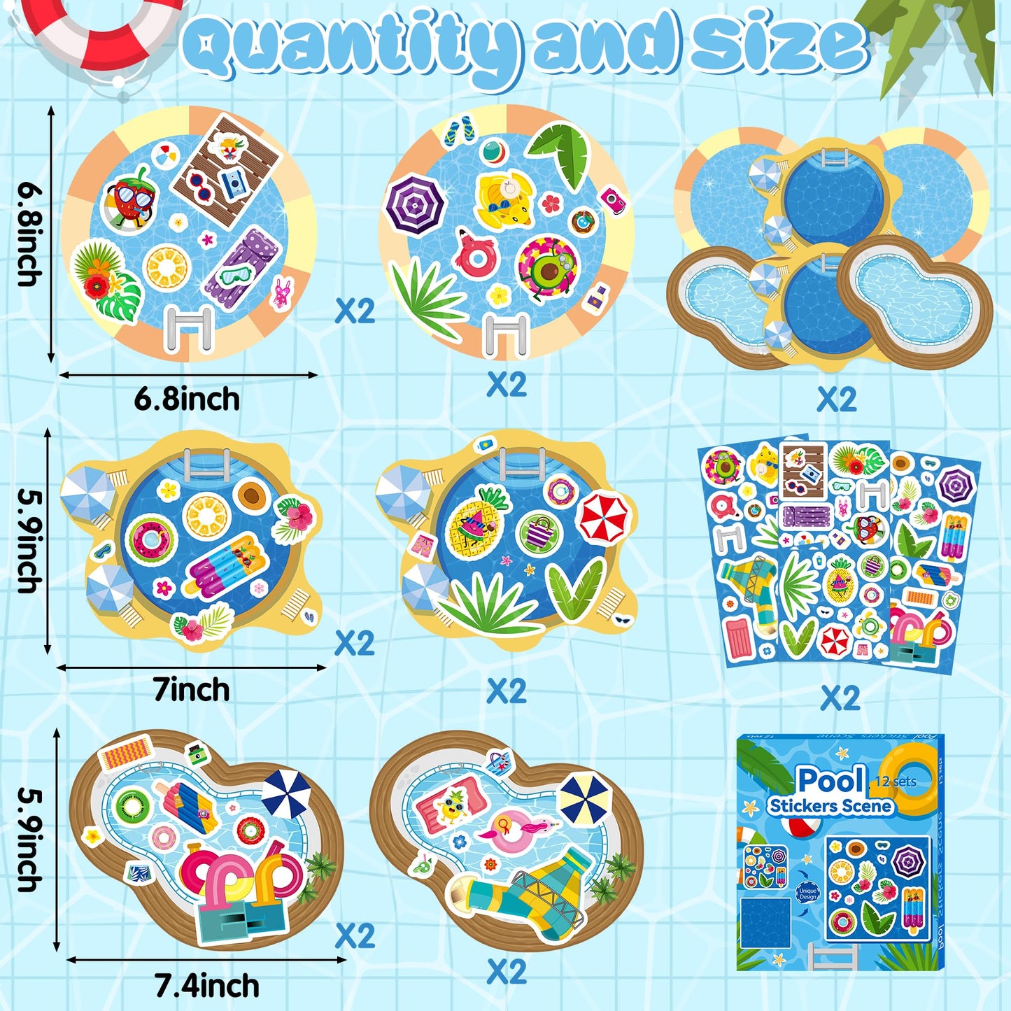 Cy2Side Summer Pool Sticker Scene - 12 Set Make A Pool Scene Art Craft With Swimming Ring For Kids Make Your Own Swimming Sticker Art Craft Diy Summer Party Games Classroom Fun Activities