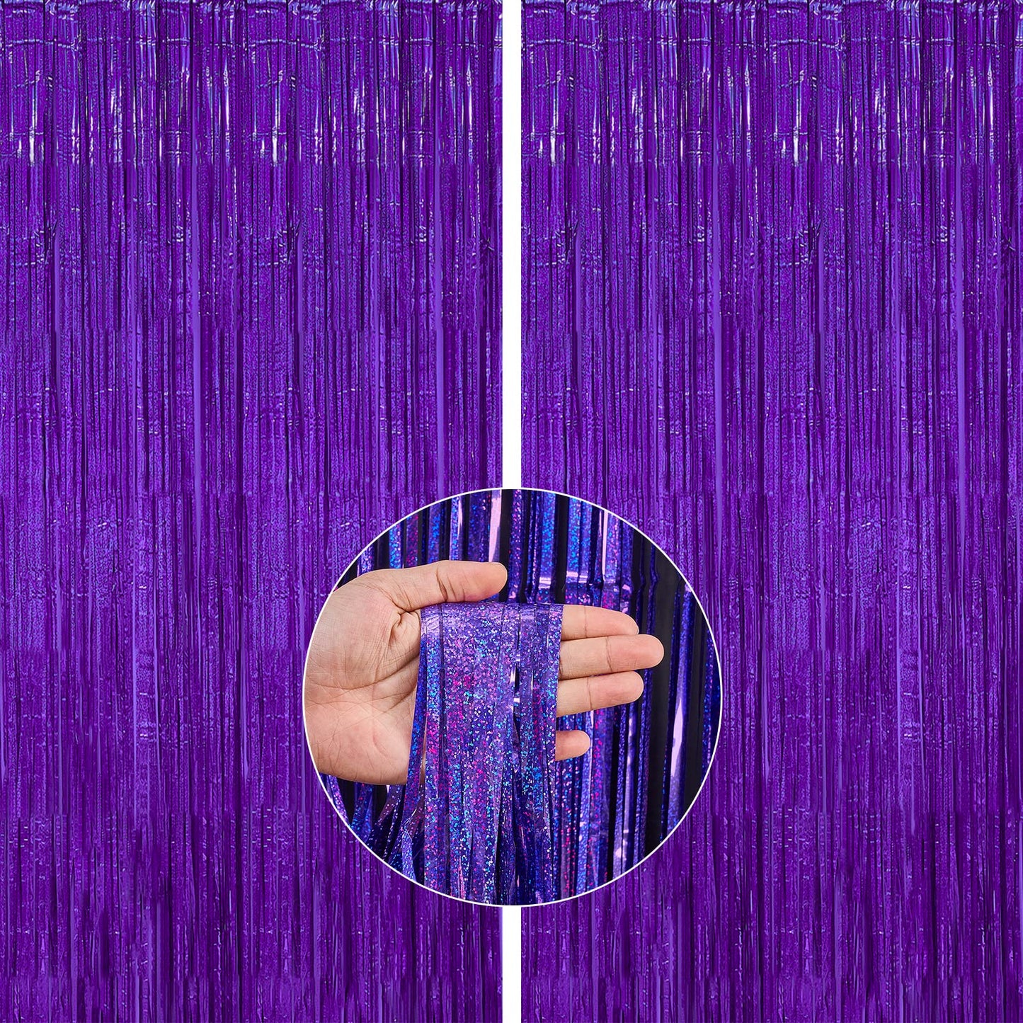 PartyWoo 2 pcs Purple Foil Fringe Curtain, Metallic Tinsel Fringe Backdrop Door Fringe, Purple Streamers Backdrop for Mermaid Bi