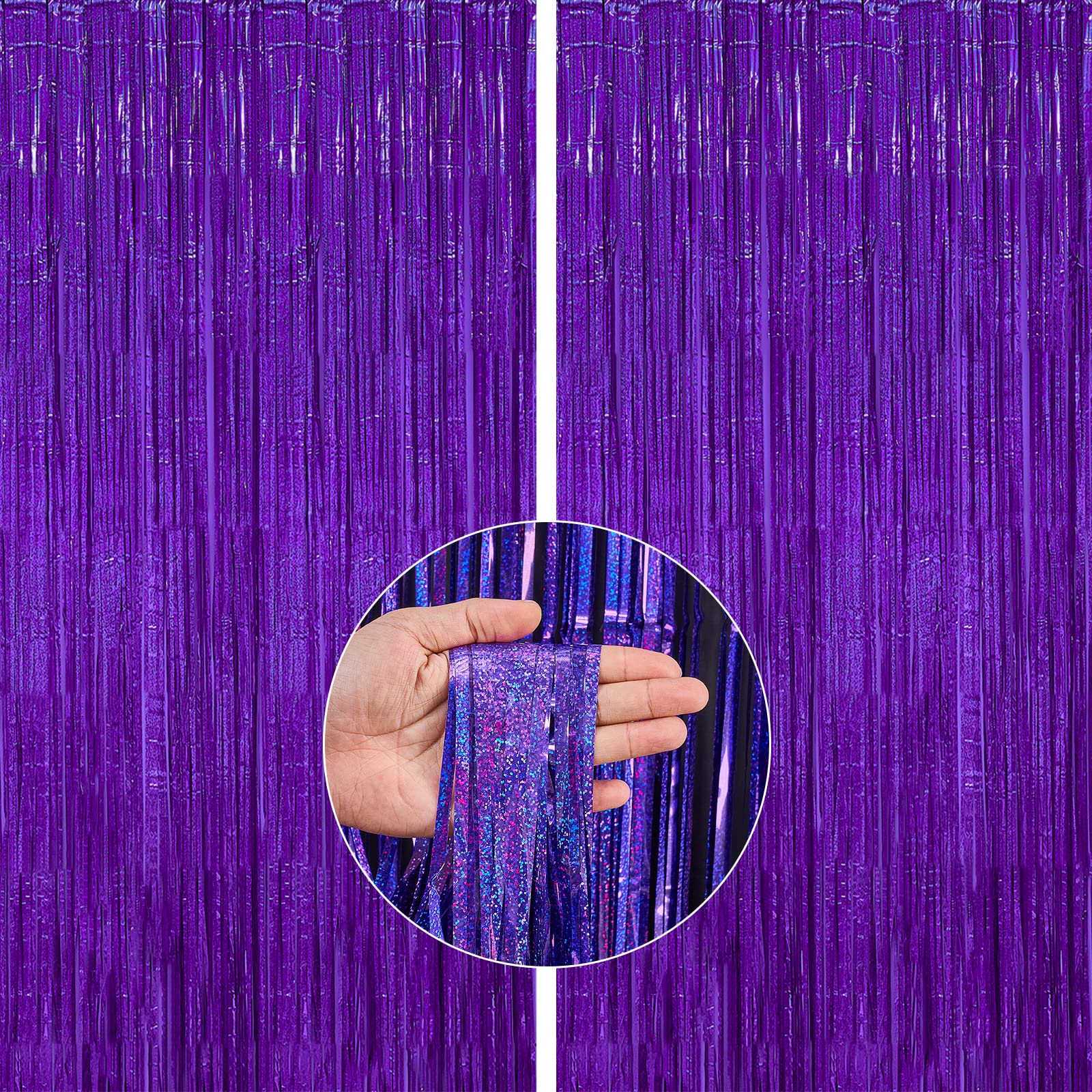 PartyWoo 2 pcs Purple Foil Fringe Curtain, Metallic Tinsel Fringe Backdrop Door Fringe, Purple Streamers Backdrop for Mermaid Bi