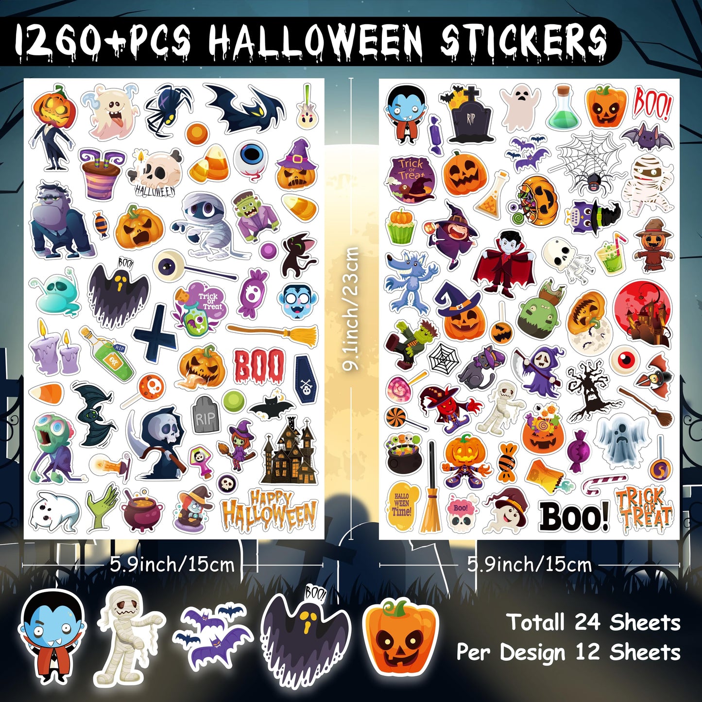Linaye 24 Sheets Halloween Stickers For Kids, 1260Pcs Adhesive Halloween Stickers, Halloween Stickers Bulk For Kids Cute Small S