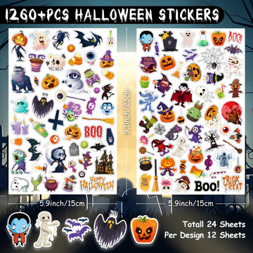 Linaye 24 Sheets Halloween Stickers For Kids, 1260Pcs Adhesive Halloween Stickers, Halloween Stickers Bulk For Kids Cute Small S