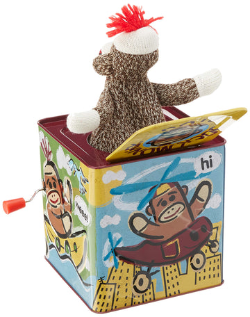 Sock Money Jack in the Box - Timeless Childrens Musical Toy - Colorful Embossed Tin Box and Classic Sock Monkey Design - Age 18
