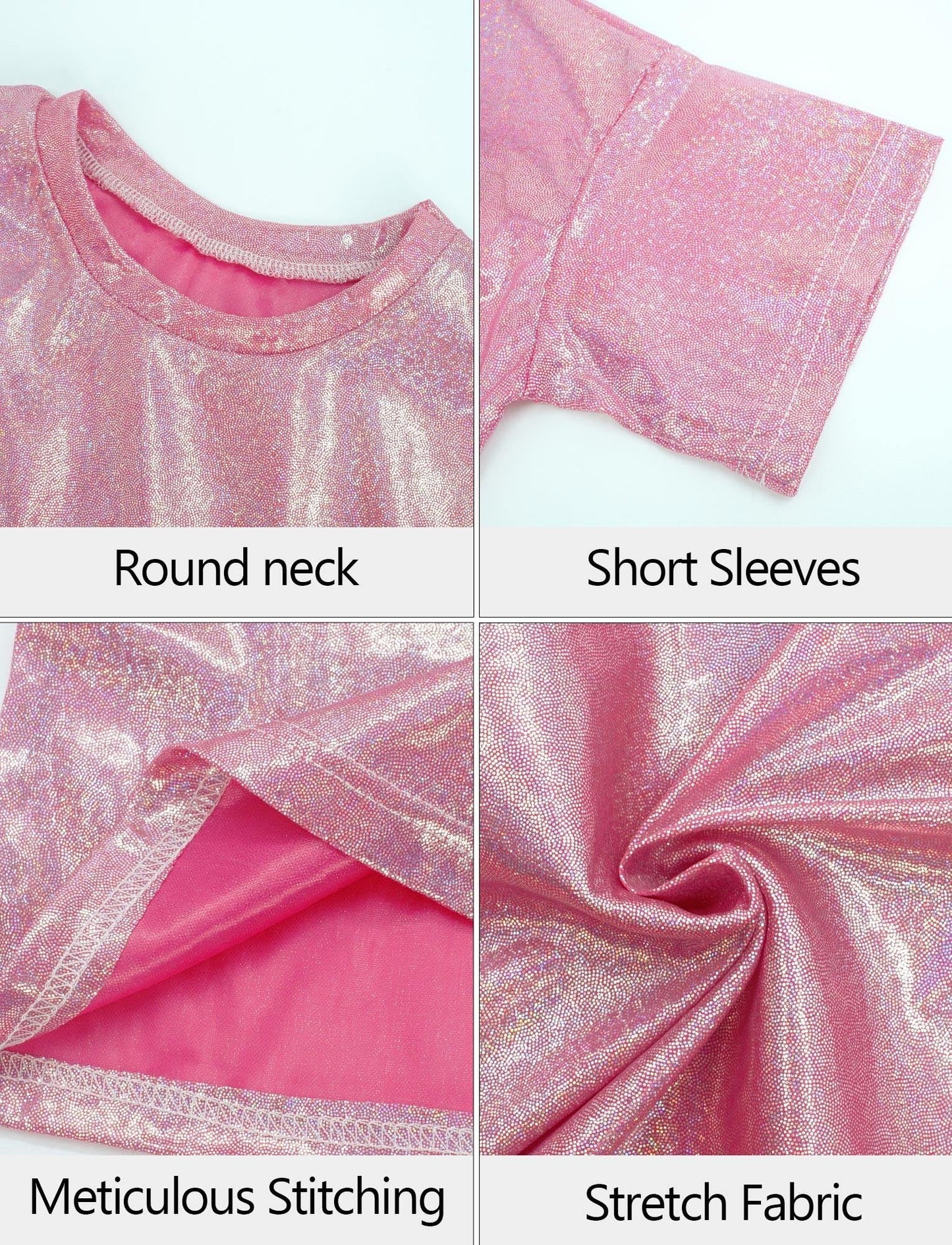 Happy Cherry 2Pcs Kids Girls Shiny Metallic Short Sleeve Crop Top With Pleated Skirt Set Dancewear Performance Costumes Rose Red