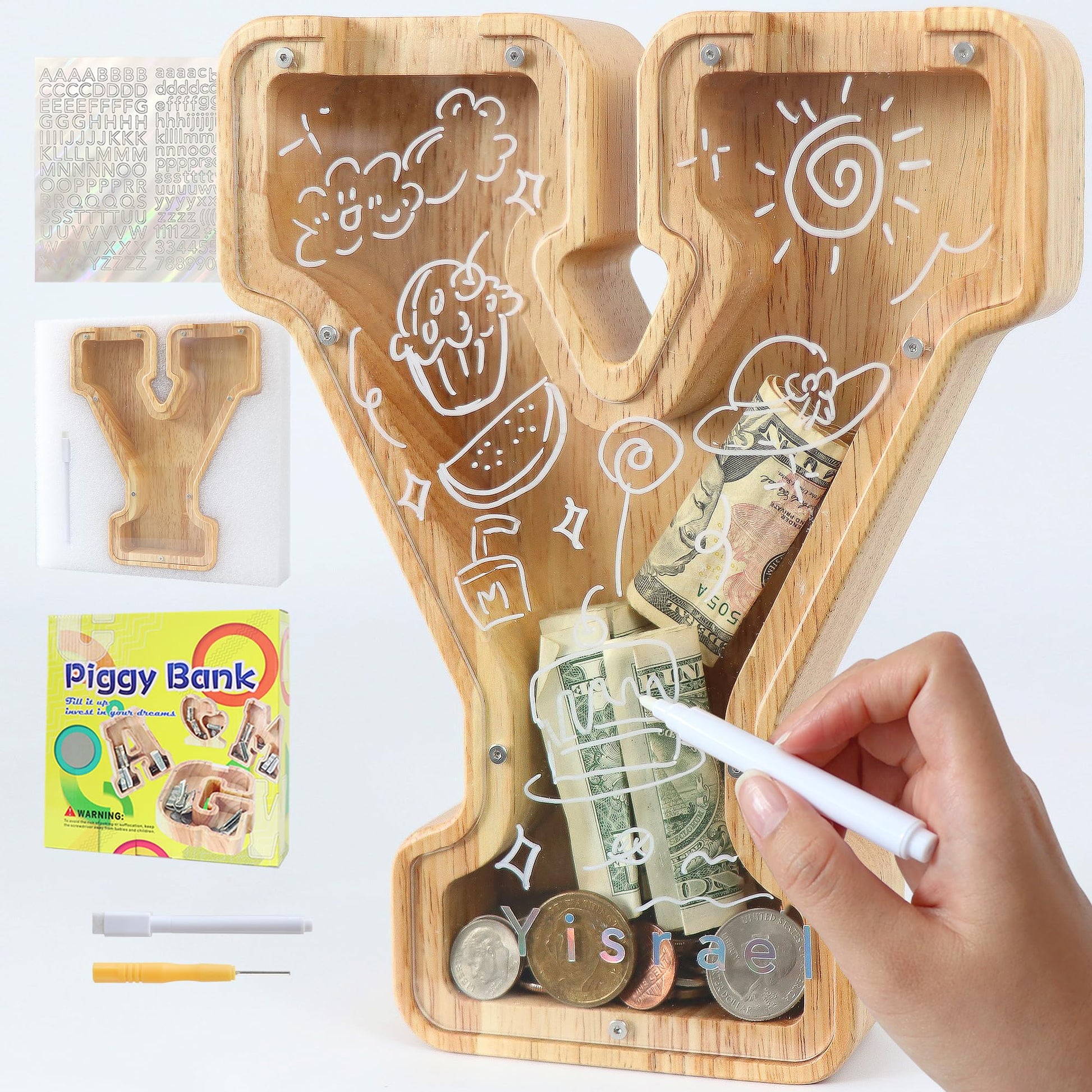 weallbuy Large Letter Piggy Bank for Kids Boys Girls Wooden Personalized Piggy Banks A-Z with Target Area Clear Alphabet Banknote Coin Banks for Gift Decoration Baptism (Y)