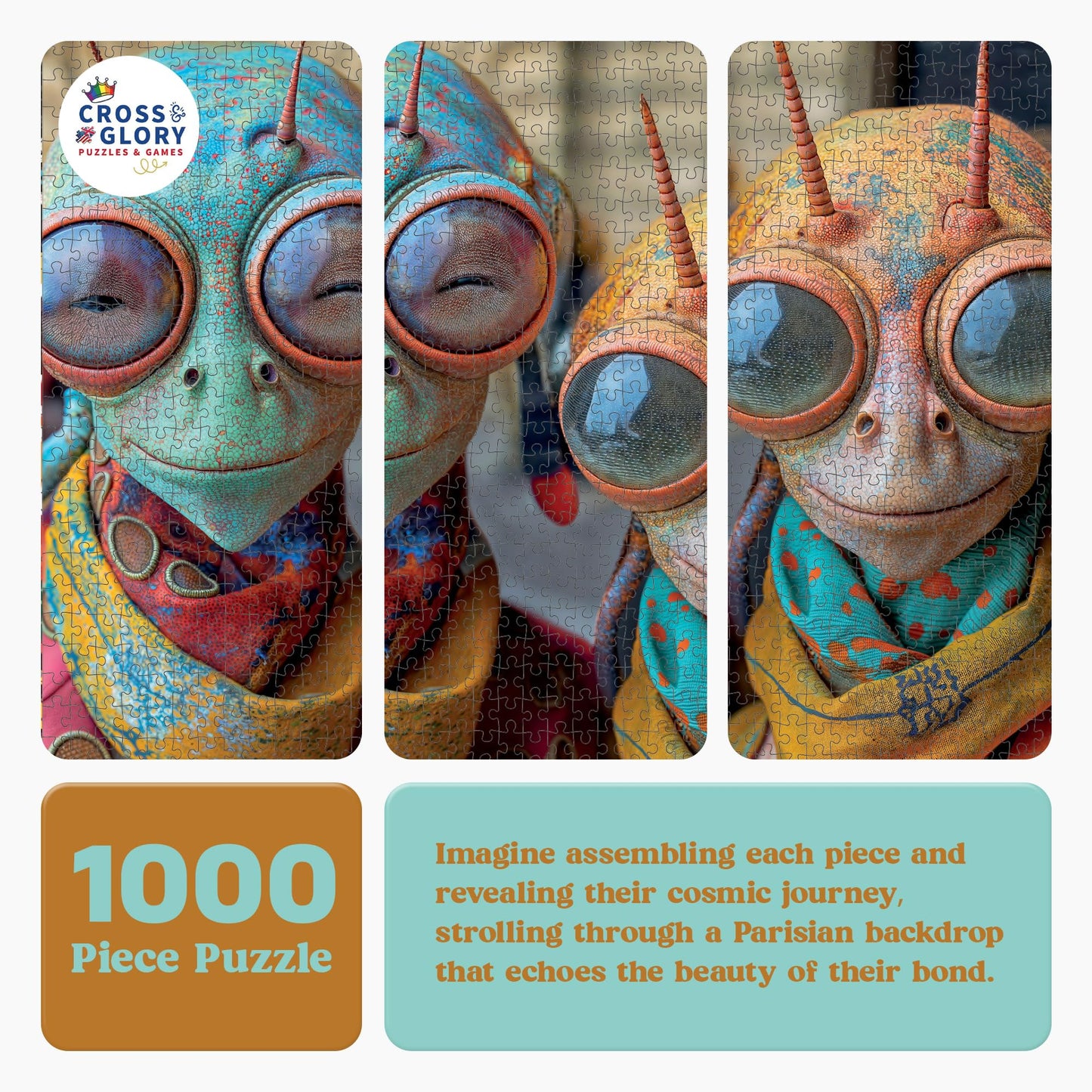 Cross & Glory 1000 Piece Jigsaw Puzzle - Meet The Aliens: Elara and Nox - Unique Cosmic Love Story Artwork, 1.8mm Thick Cardboard
