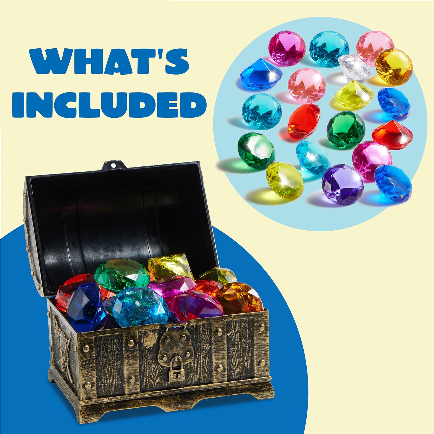 Sloosh Diving Gems Pool Toys  16 Big Colorful Diamond with Pirate Treasure Chest  Swim Dive Toy for Kids Underwater Gemstone Swimming Training Gift Water Toys Pool Games(Gold)