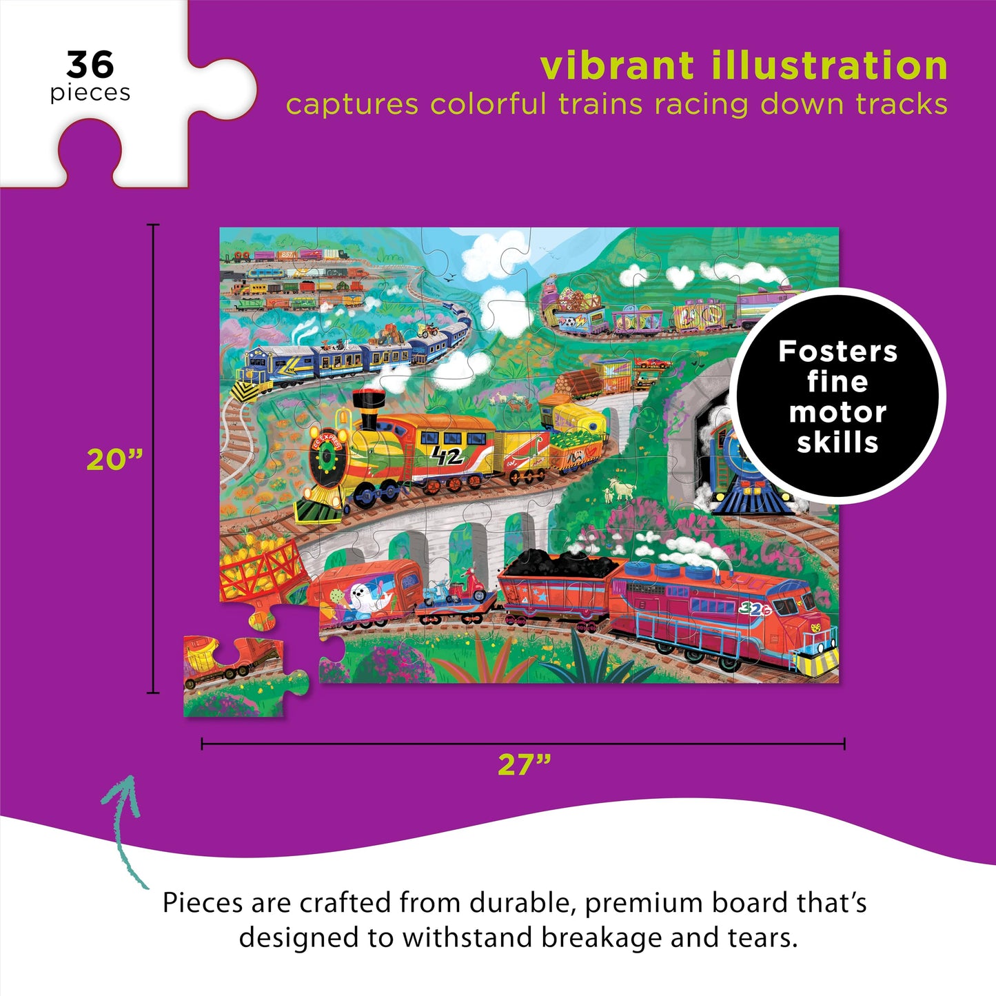 Crocodile Creek 36-Piece Jigsaw Floor Puzzle - All Aboard - Heavy-Duty Storage Box - 24" x 18" - Fun for Kids Ages 3-5