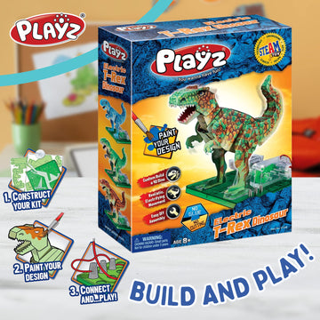Playz Electric T Rex Dinosaur Toys For Kids - Diy Dino Construction & Painting Kit - Stem Learning Toys For Kids Age 8-12, Boys & Girls With Realistic Features, Waterproof Paint, 4D Dino Figures