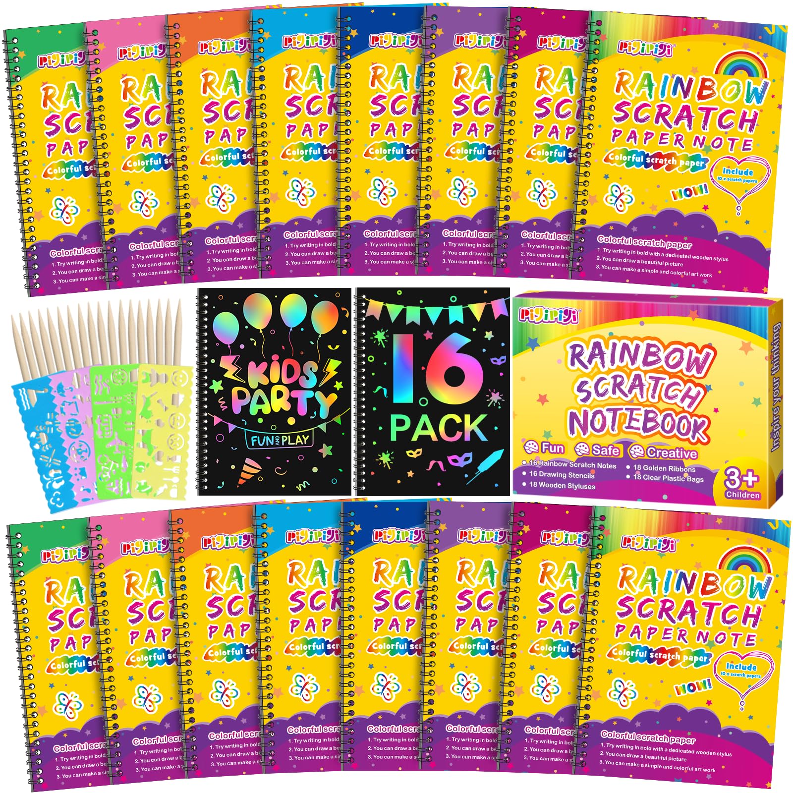 Pigipigi Scratch Paper Art 16 Pack - Rainbow Scratch Note Book Magic Coloring Art Craft Paper Supply For Kids Ages 3 4 5 6 7 8 9 10 Drawing Art Book Birthday Party Favor Sets Fun Toy Gift Idea