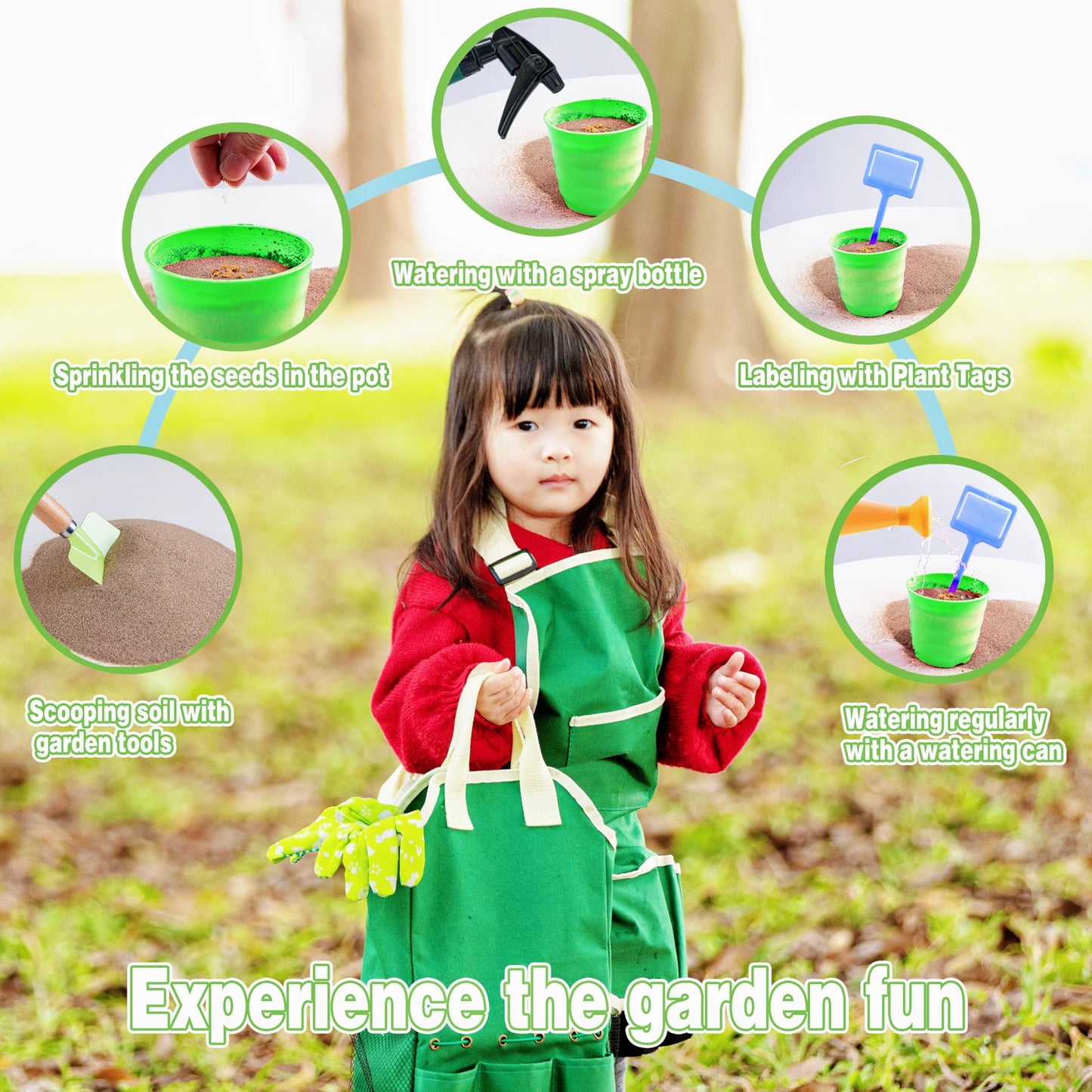 Joi Mew Kids Gardening Tools Set, Garden Toys W/Wooden Handle Alloy Rake,Fork,Trowel, Watering Can,Gloves,Tote Bag,Plant Pots, D