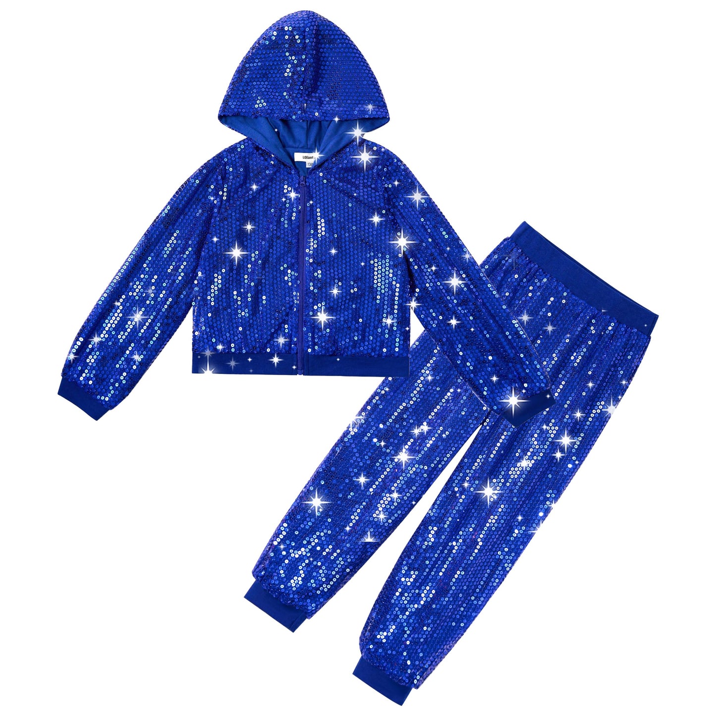 Lolanta Girls Hip Hop Dance Costumes Shiny Sequin Outfits Hooded Top With Pants For Halloween Cosplay (Royal Blue, 8-9 Years)