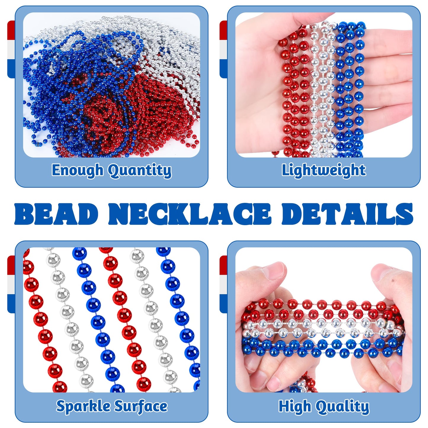 Huskein 12 Pcs 4Th Of July Beads Necklaces, 33'' Red Silver Blue Beaded Necklaces Bulk, Patriotic Round Beads, Independence Day