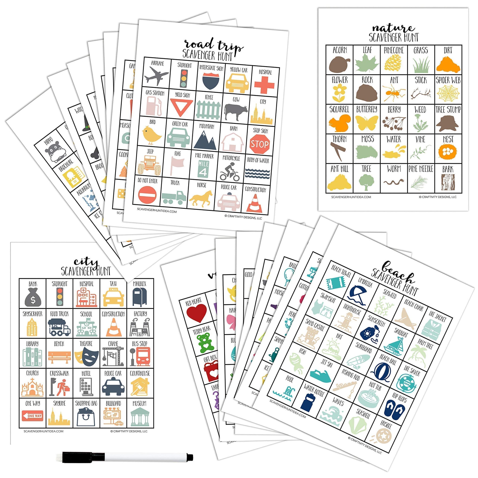 Craftivity Designs Variety Pack set of 20 Scavenger Hunt Games for Kids, Outdoor or Indoor, Road Trip, Travel Activities, Includ