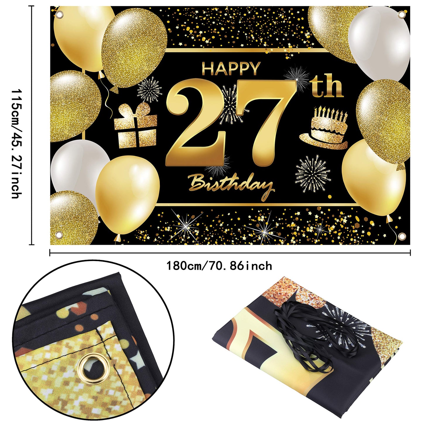 IMISI 27th Birthday Banner - Black Polyester Decorations for Men’s Birthday Party Backdrop