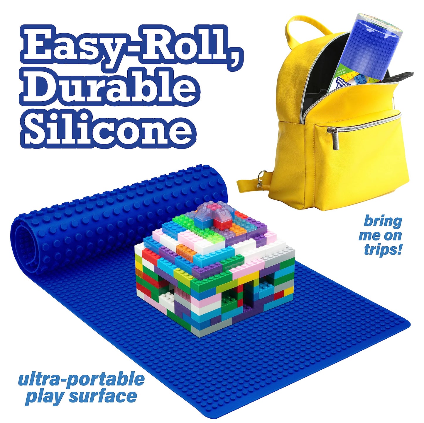 Scs Direct Brick Building Blocks Silicone Playmat - 32'' Blue Rollable, Foldable And Portable Two Sided Playmat For Activity Tab