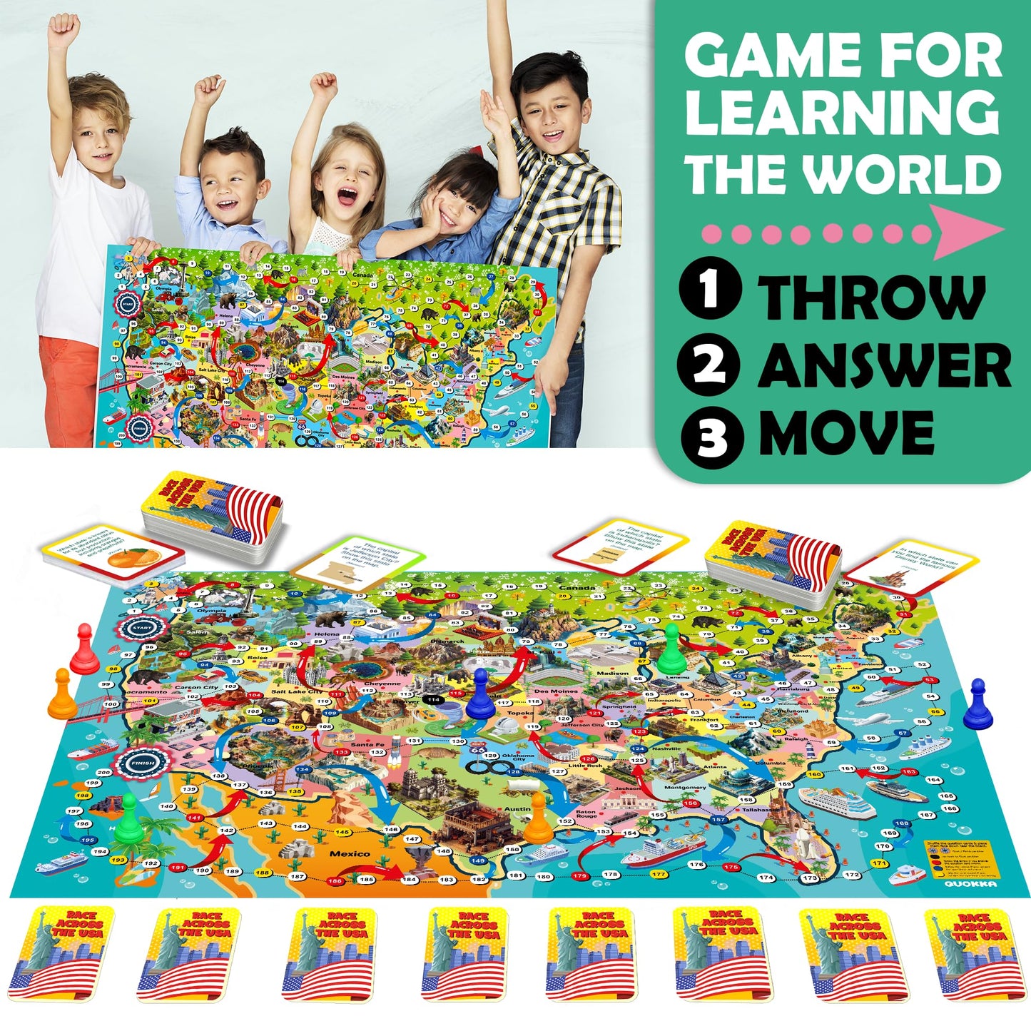 Quokka Board Game 1 To 10 Players - Learning, Educational - Geography, United States - 120 Question Cards, Top Facts - Indoor, Outdoor - Kids, Teens, Adults, Family