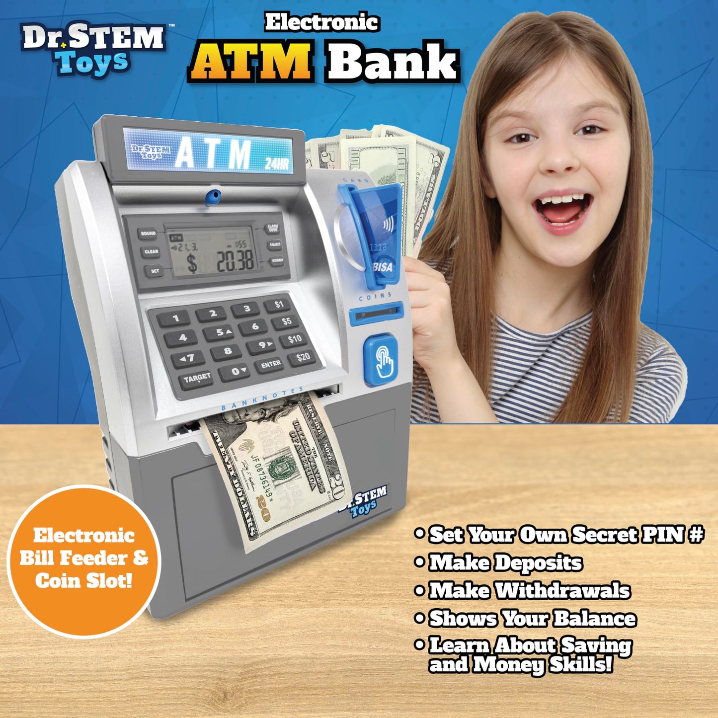 Dr. STEM Toys Kids ATM Savings Bank - Electronic Piggy Bank, Coin Counter, LCD, Medium, Gray, Model D100