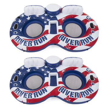 Intex 56855Vm River Run Inflatable American Flag 2 Person Water Lounge Pool Tube Float With Cooler, Cup Holders, And Easy Patch Repair Kit (2 Pack)
