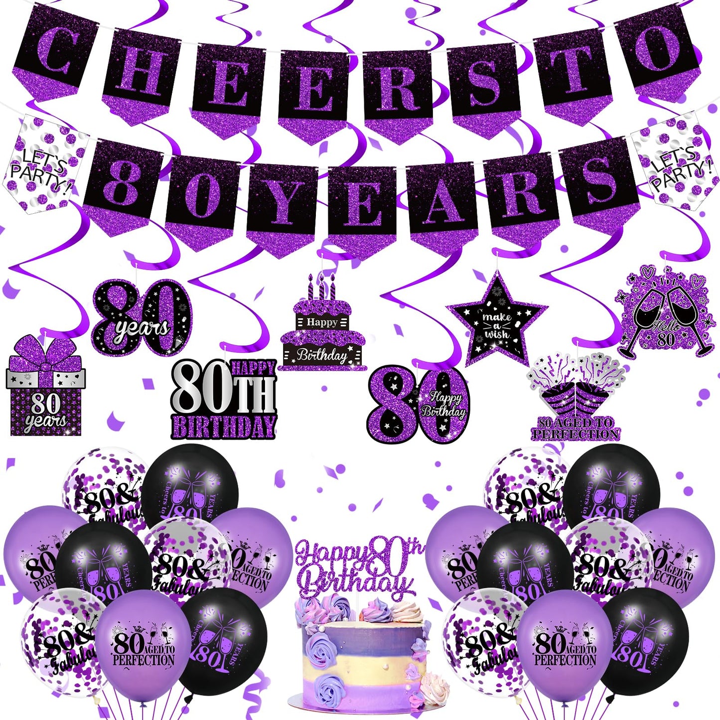 Purple 80Th Birthday Decorations For Women Men Purple Black 80Th Birthday Banner Hanging Swirls 80Th Birthday Balloons Happy 80Th Birthday Cake Topper For Purple Cheer To 80 Years Party Supplies