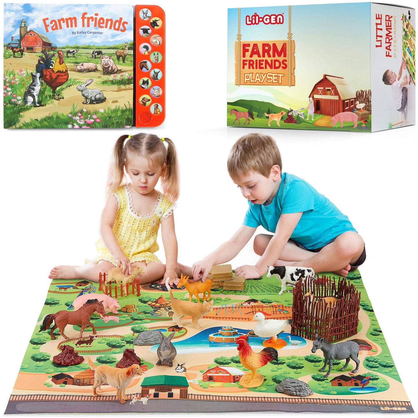 Lil-Gen Farm Animal Toys, Playmat And Education Animal Sound Book, 22Pcs - 20 Small Animal Figurines, 1 Playmat, 1 Sound Book - Toy Farm Animals For Children 3+, Farm Playset For Boys/Girls