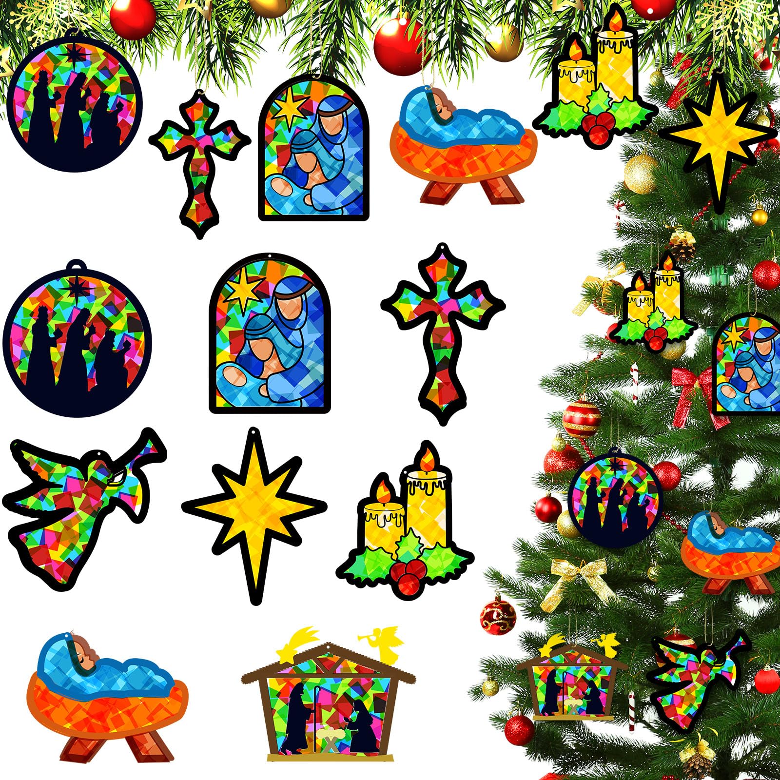 DoubleFill 48 Pcs Christmas Nativity Suncatchers Craft Kits DIY Christmas Tissue Paper Kits VBS Sunday School Craft Kit for Holy