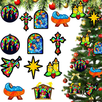 DoubleFill 48 Pcs Christmas Nativity Suncatchers Craft Kits DIY Christmas Tissue Paper Kits VBS Sunday School Craft Kit for Holy