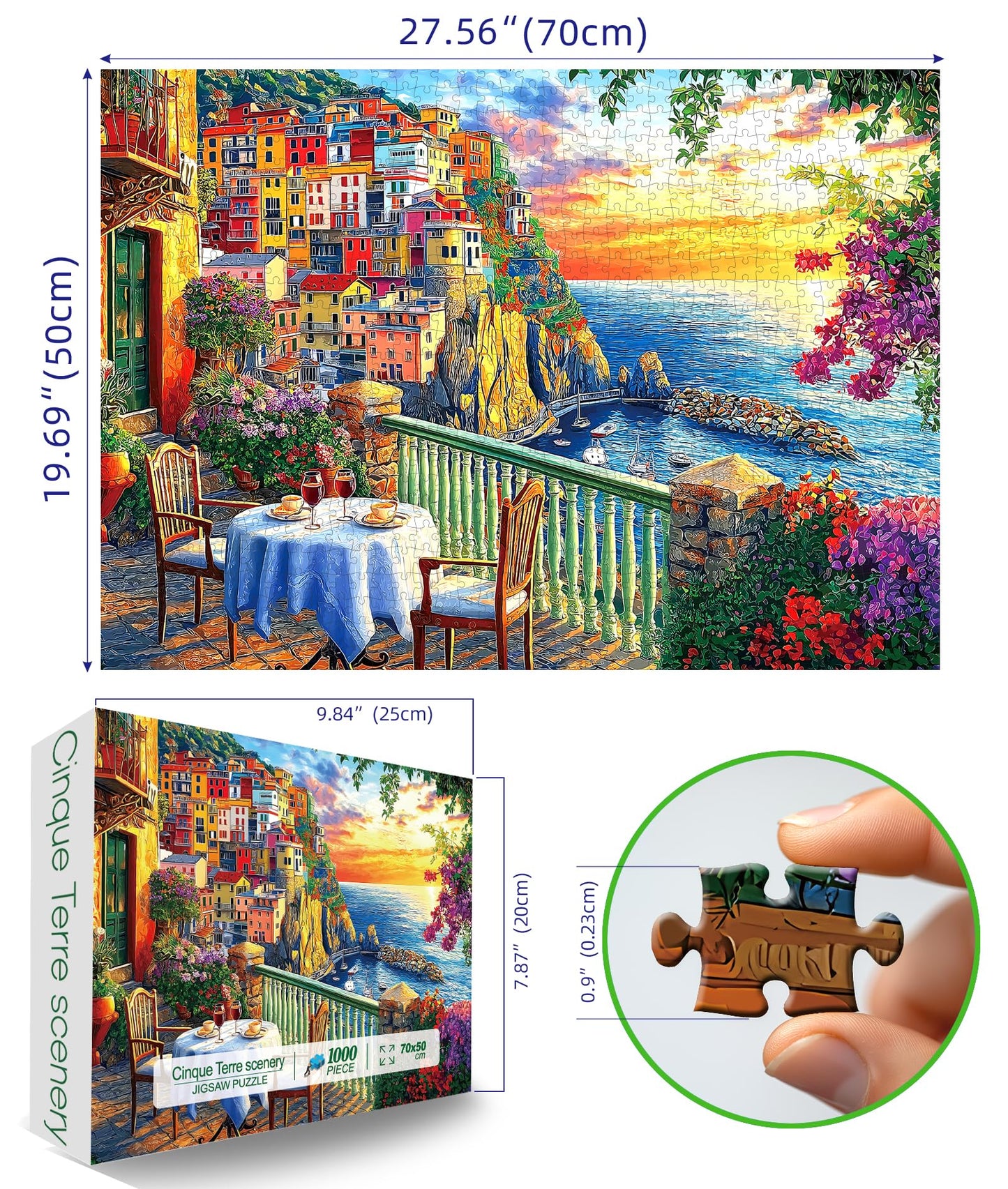 Italy Cinque Terre Jigsaw Puzzles for mature-themeds 1000 Pieces Coastal Village Beautiful Landscape Scenery Sunset View with Letters on Back Hard Impossible Difficult challenging Family Puzzle (27.5 x19.6 )