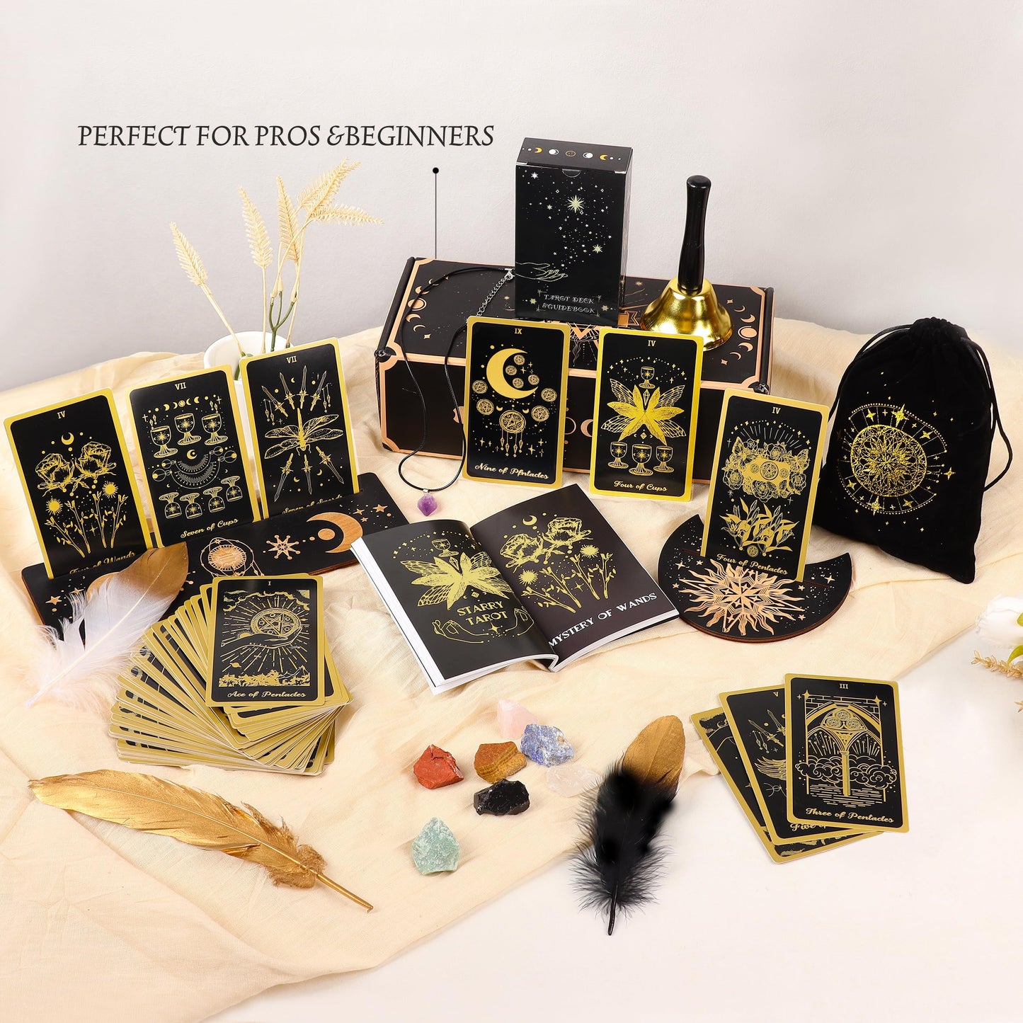 78 Tarot Cards With Guidebook - Tarot Deck Gift Set With Tarot Cloth & Holder, Chakra Stones & More, Black Tarot Cards Deck Fort