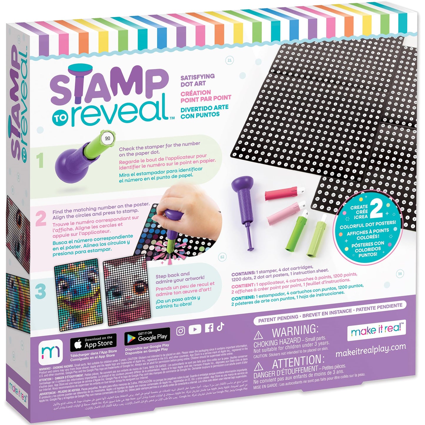 Make It Real: Stamp to Reveal: 2 Characters - Cool Cat & Smily Dino - DIY 2 Dot Posters, 11 x 16.5, Craft Kit, Artwork Activity,