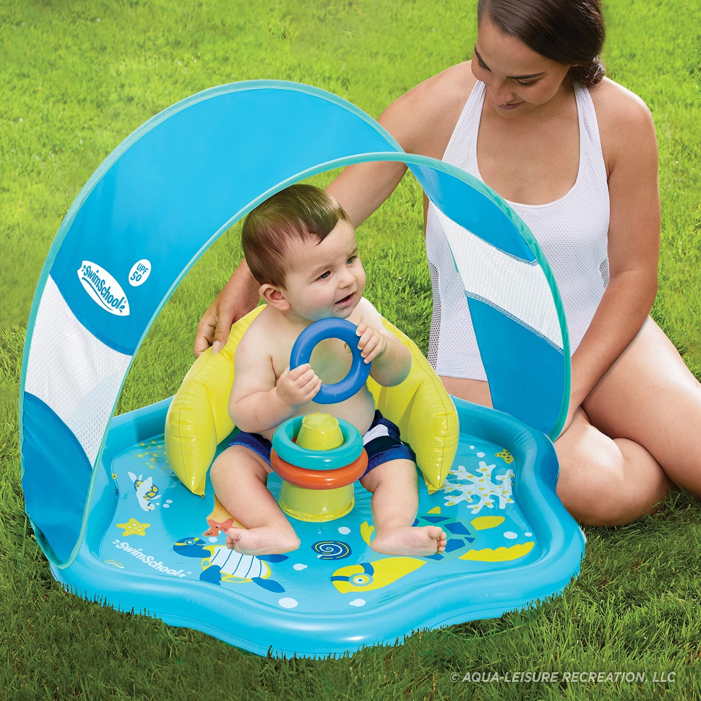 SwimSchool Baby Splash Play Mat – Inflatable Pool with Canopy, Backrest, Toy Rings, 28", Seafoam Blue & Lemon, Model AZI11261BL