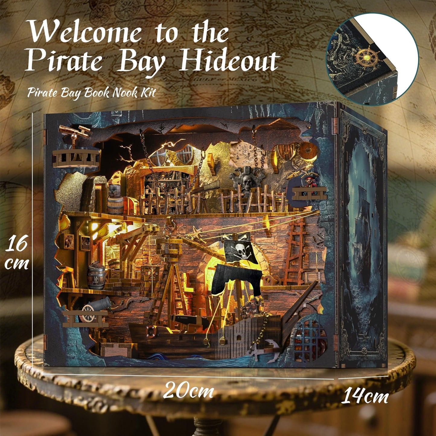 VORATHIS Book Nook Pirate Kit - DIY Miniature House, Large Colorful Wooden Puzzle with LED Light for Adults & Teens