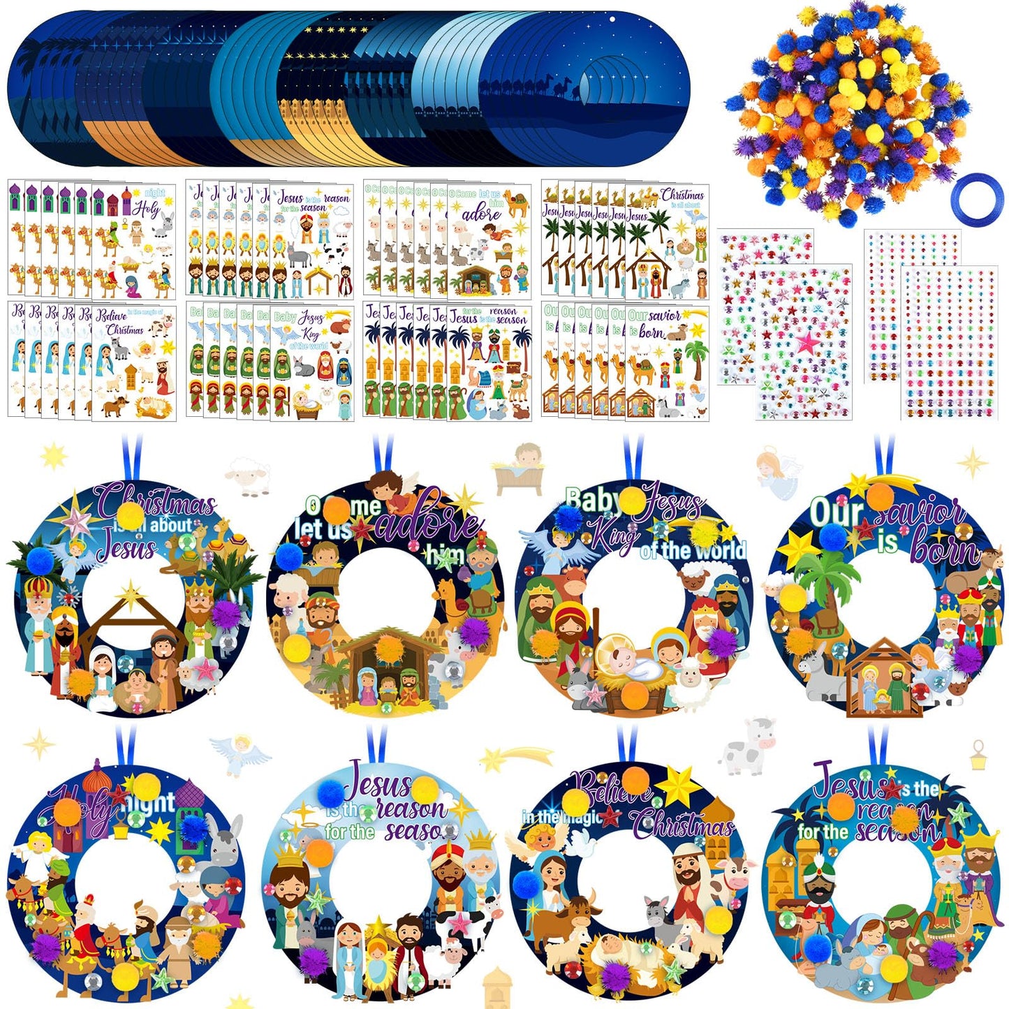 Hollowfly 48 Sets Christmas Nativity Crafts Kits Religious Jesus DIY Wreath Signs Hanging Ornaments Make Your Own Nativity Scene