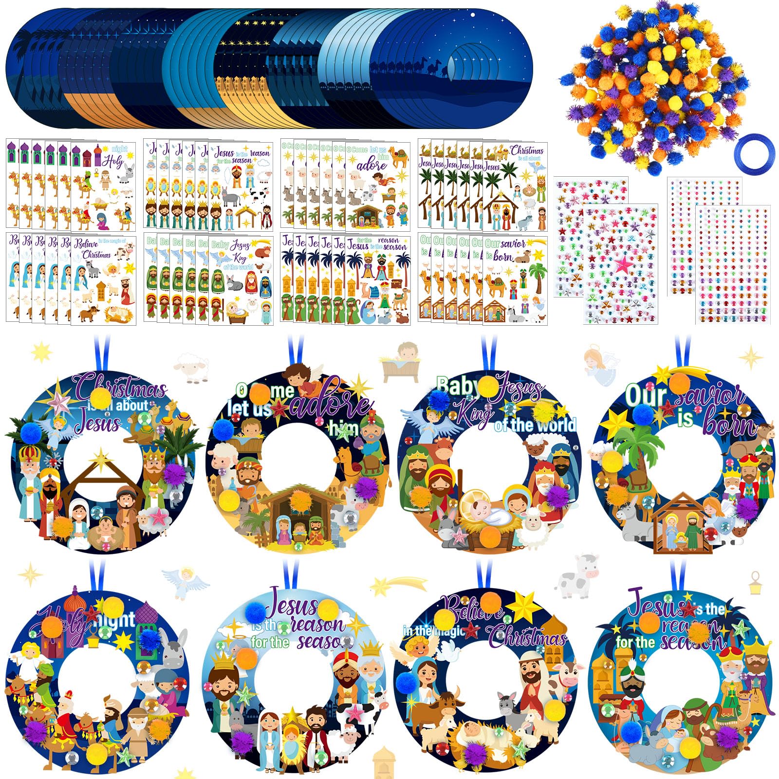 Hollowfly 48 Sets Christmas Nativity Crafts Kits Religious Jesus DIY Wreath Signs Hanging Ornaments Make Your Own Nativity Scene