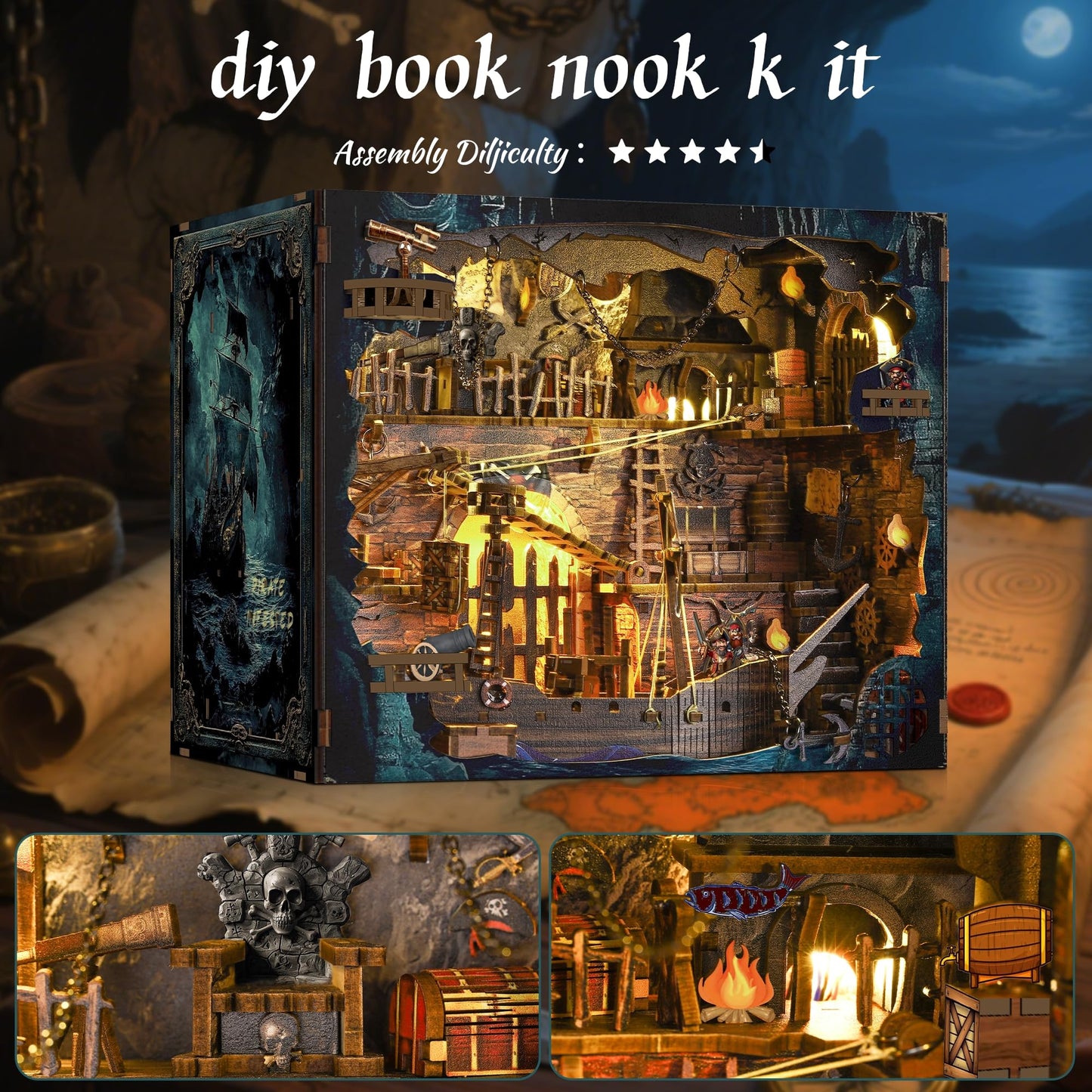 VORATHIS Book Nook Pirate Kit - DIY Miniature House, Large Colorful Wooden Puzzle with LED Light for Adults & Teens