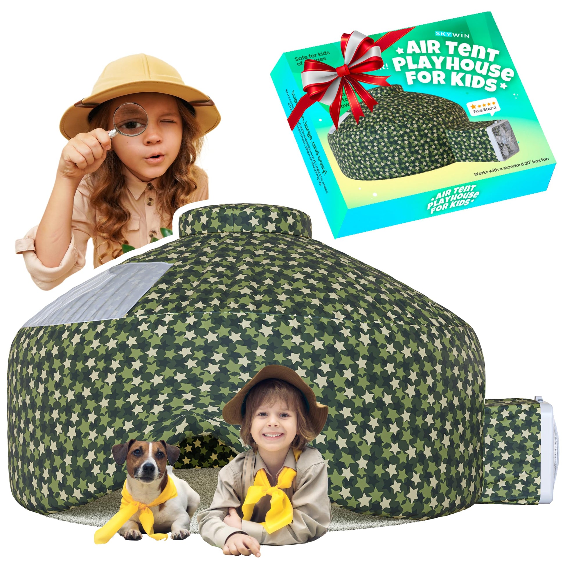 Skywin Air Tent Fort Playhouse For Kids - Inflatable Kids Fort Sets Up And Stores Away In Seconds (Fan Not Included) (Camo)