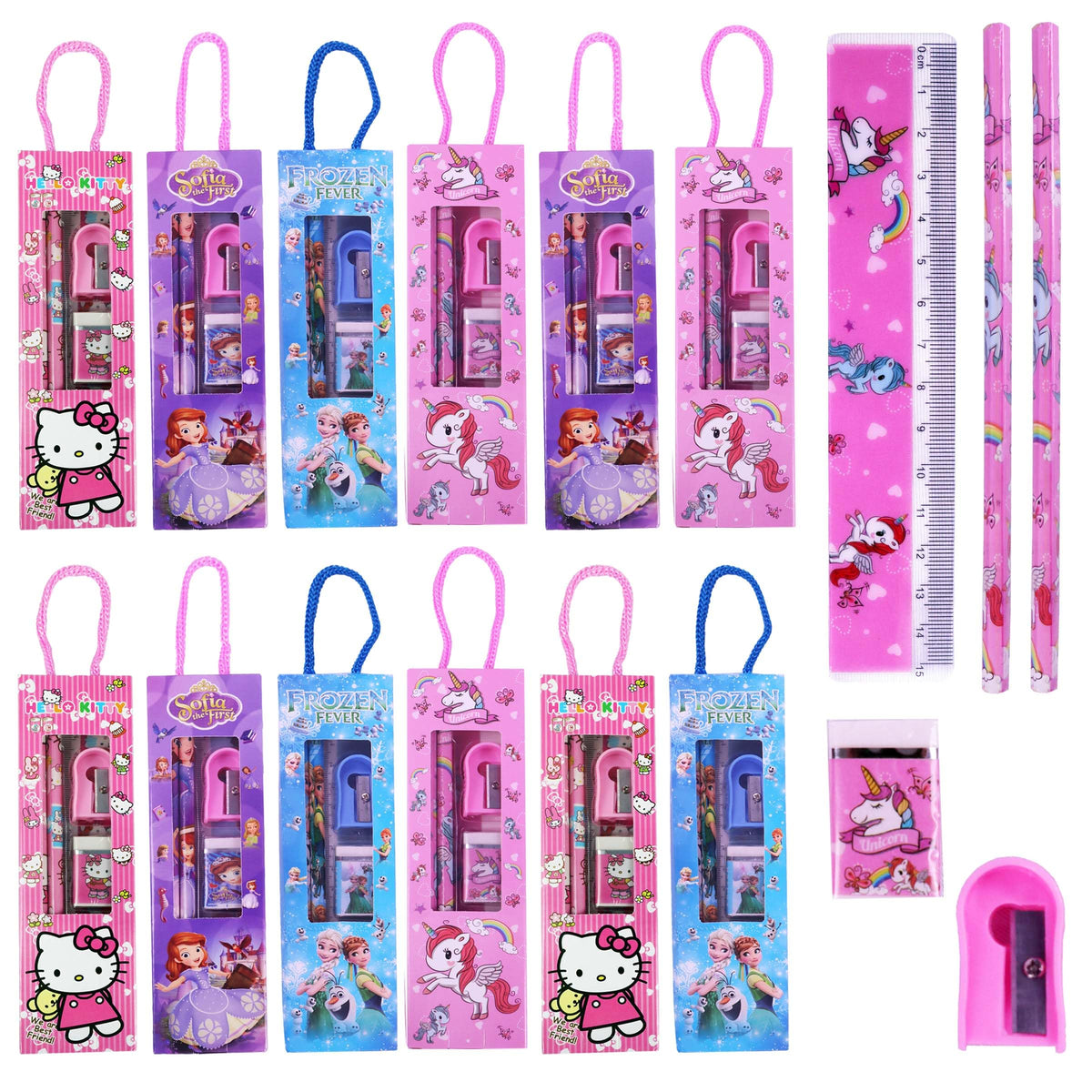 Toyshine Pack Of 12 Cartoon Theme Birthday Party Return Gifts Mix Stationery Kit Set  2 Pencils | 1 Eraser | 1 Sharpner | 1 Sca